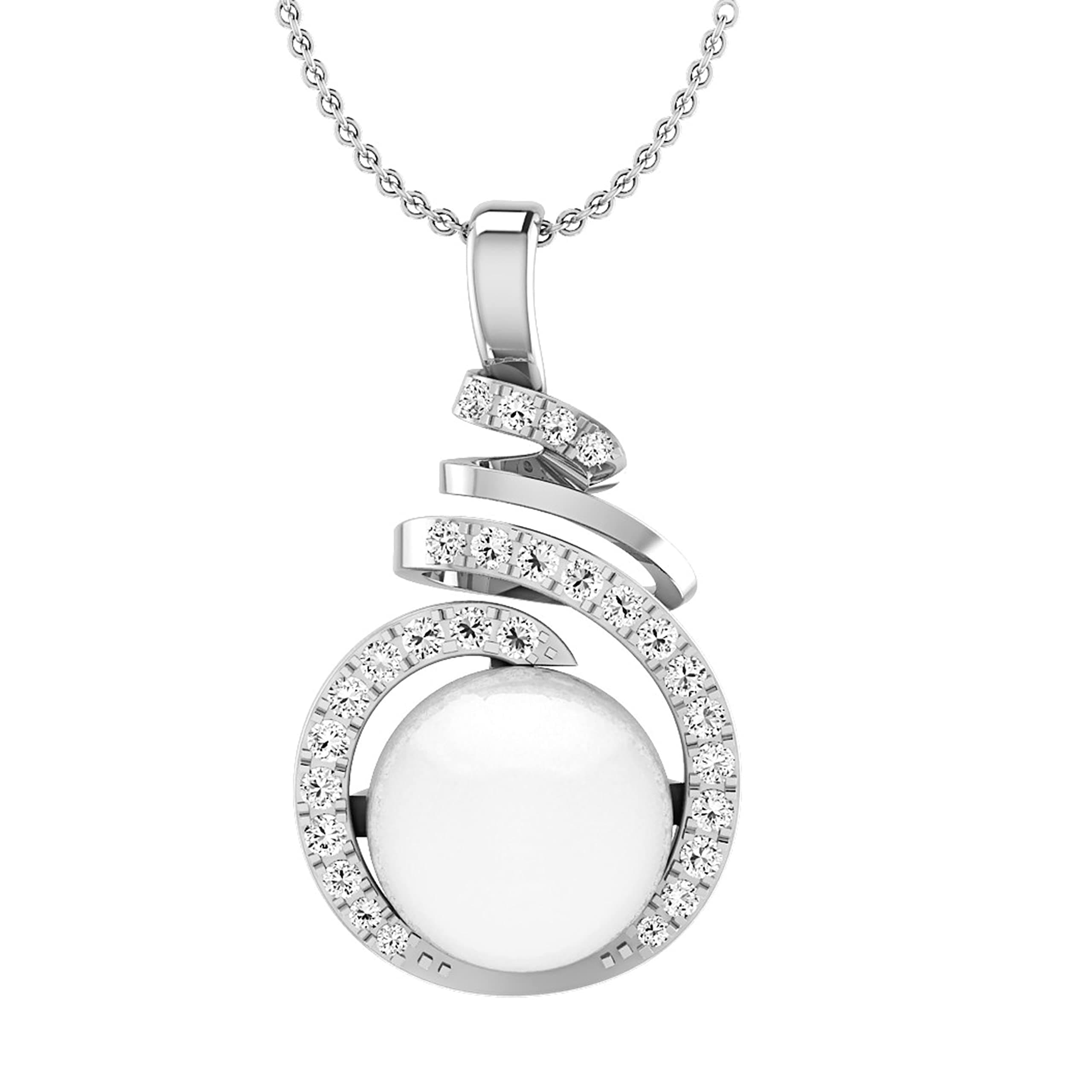 8mm Round Freshwater Pearl & White Diamond Elegant Swirl Pendant for Women with 18 Inch Silver Chain