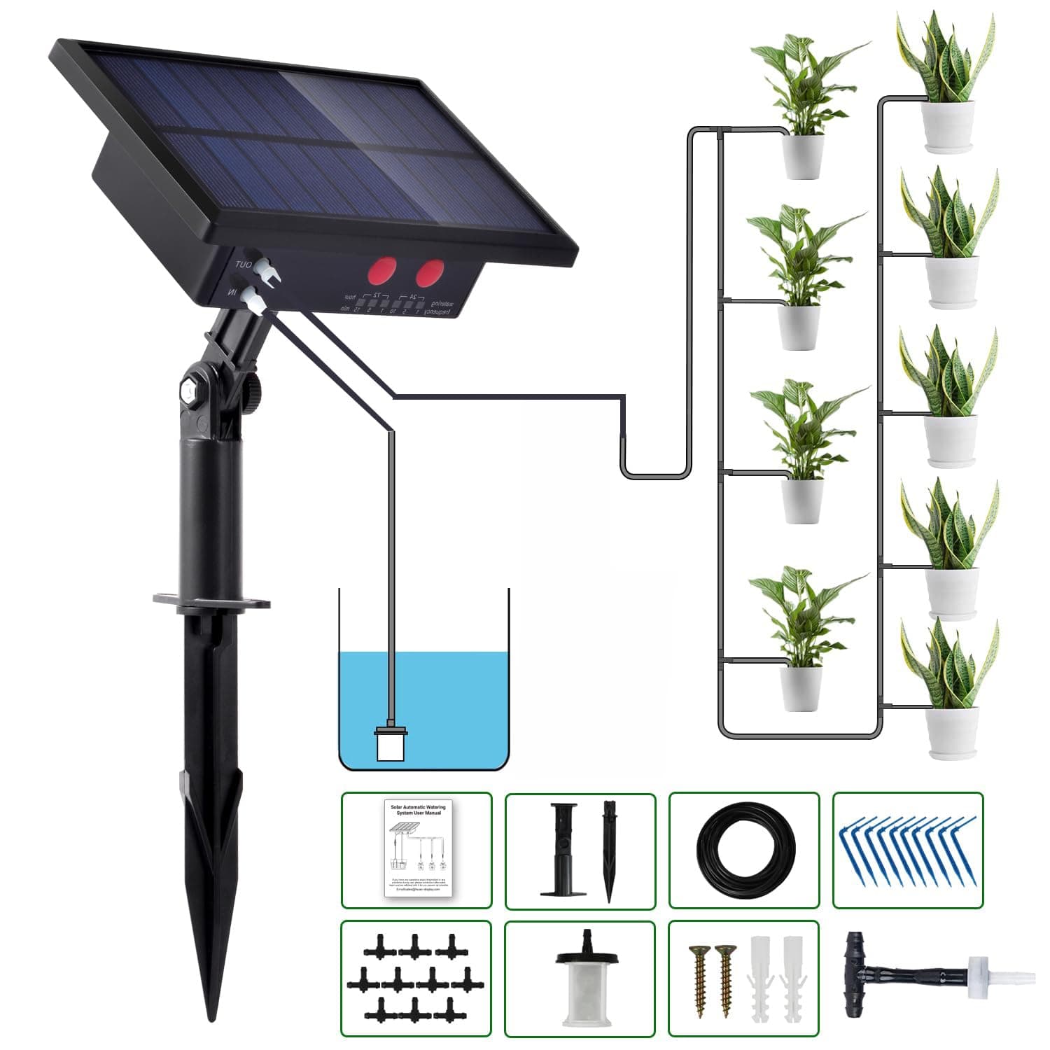 12 Timer Modes Solar Drip Irrigation System - Automatic Drip Irrigation Kit with Anti-Siphon, Fits 20-30 Pots, Solar Powered Garden Sprinkling System for Indoor & Outdoor Plants, 3W 65.6ft