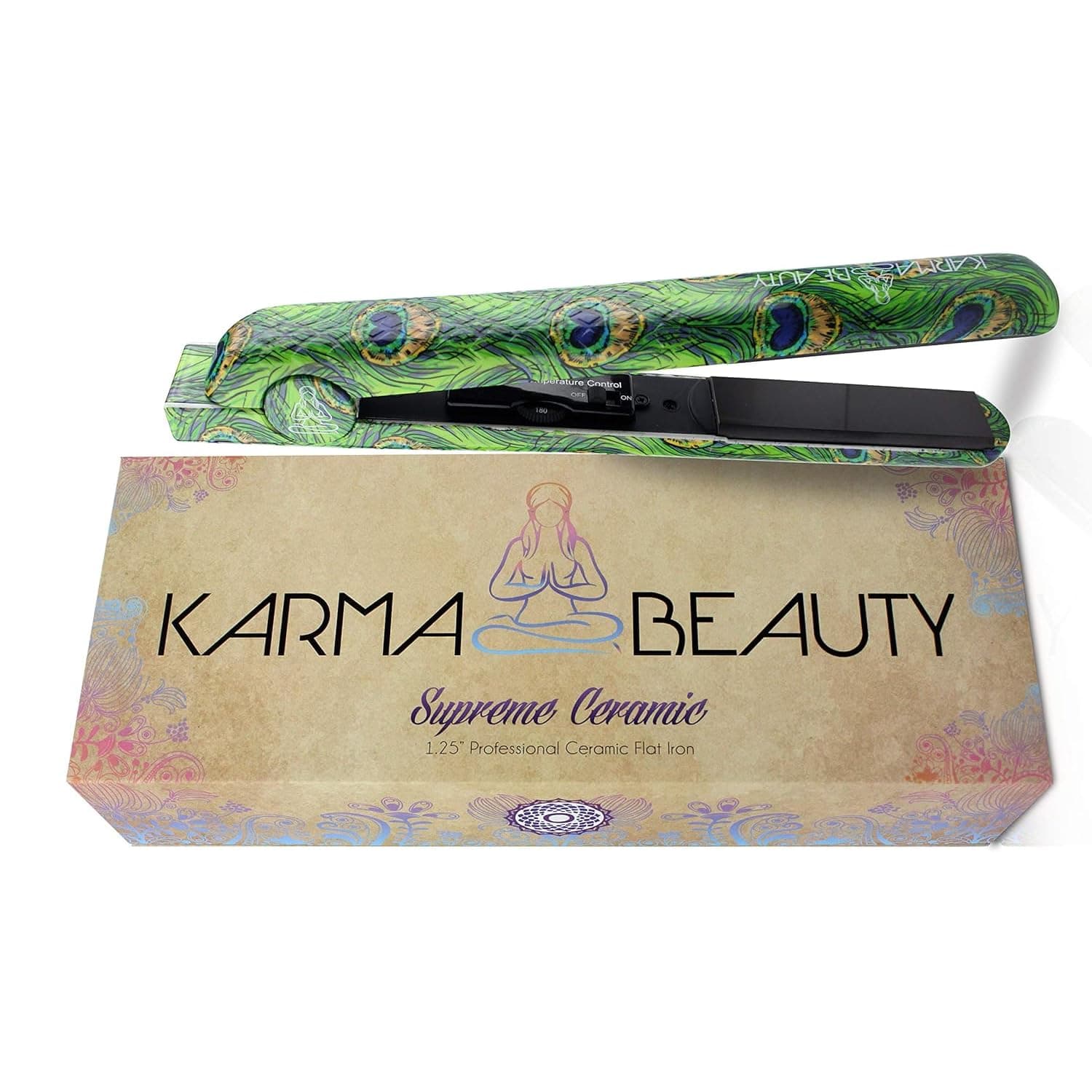Ceramic Hair Straightener | 1.25’’ Flat Iron | 450° F High Heat | Create Straight & Curly | Dual Voltage | Adjustable Temperature | For All Hair Types | Karma Beauty |(Peacock)