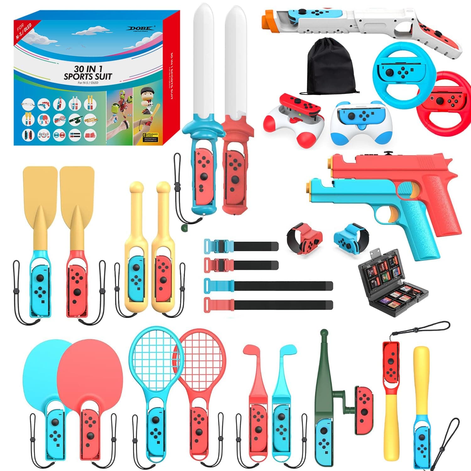 – Switch Sports Accessories Bundle - 30 in 1 Family Accessories Kit Pack for Nintendo Switch/OLED Sports Games with Fishing Rod, Game Guns, Tennis Rackets, Golf Clubs, paddles, Baseball Bat,Drum stick