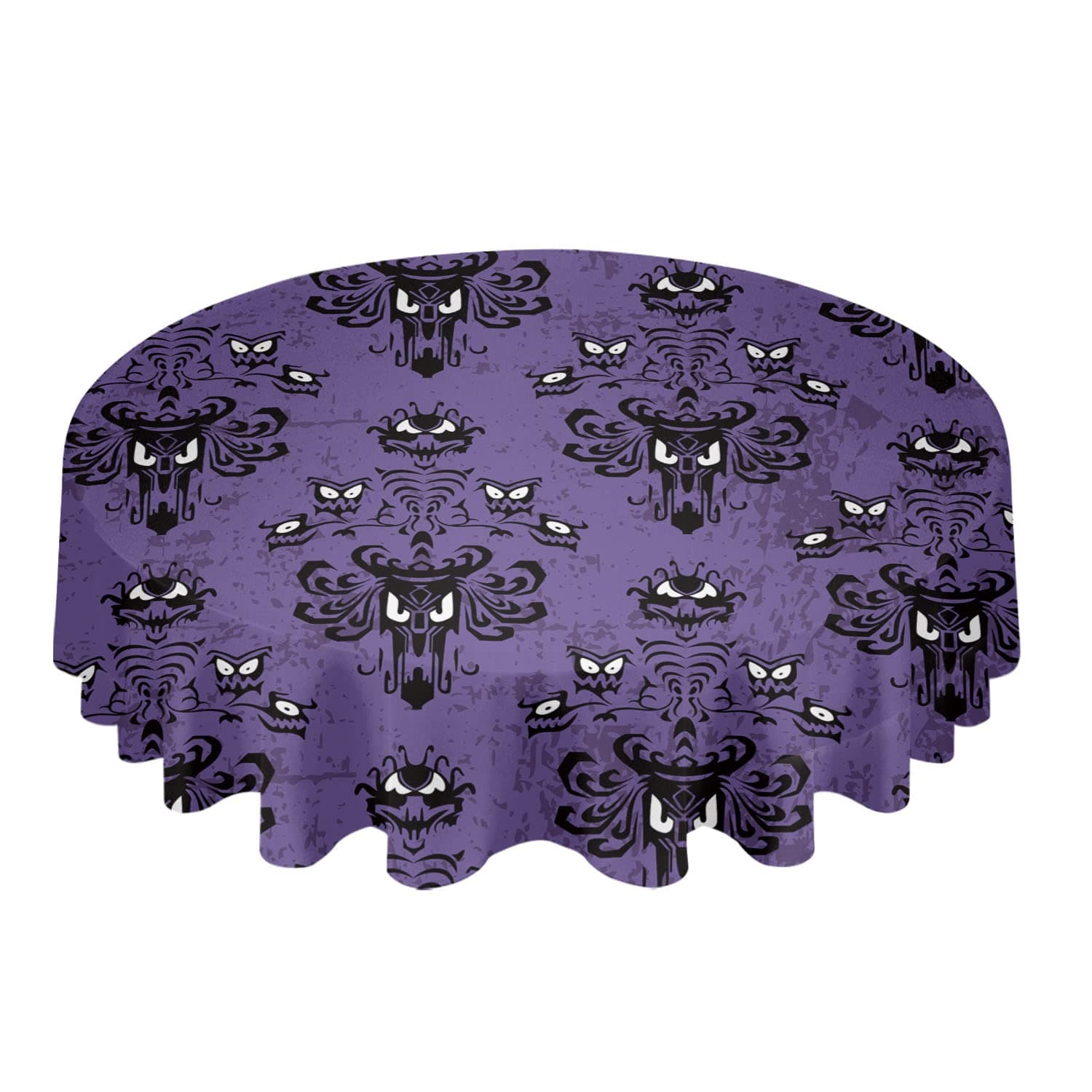 Halloween Round Tablecloth 60 Inch Haunted Mansion Ghost Purple Waterproof Oil-Proof Vinyl Table Cloth Kitchen Spillproof Oilcloths Decorative Table Cover for Indoor and Outdoor