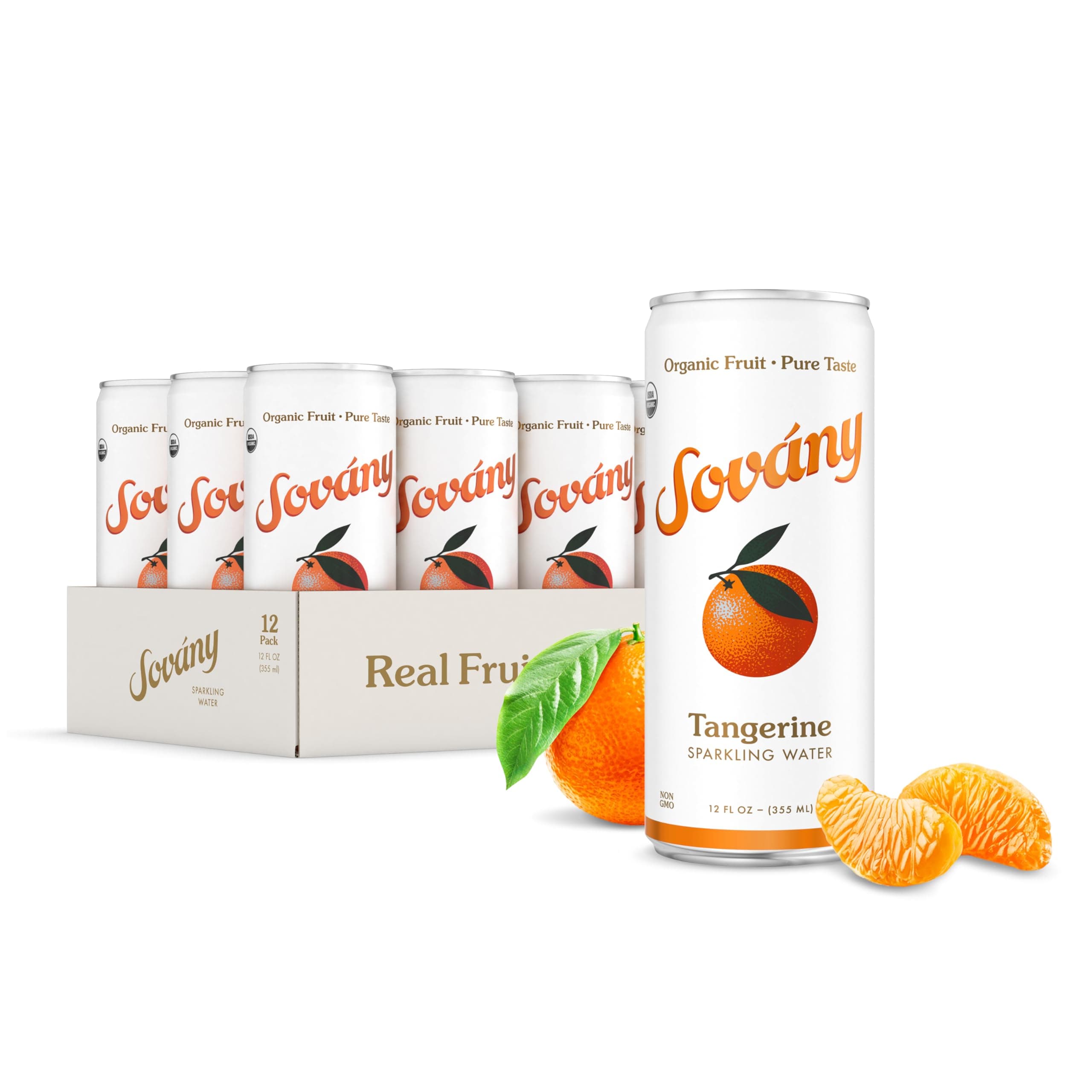 Sovány Sparkling Water, Tangerine, Seltzer Water Drinks, USDA Organic, Made With Real Fruit, Non-GMO, Vegan, No Added Sugar, Low Calorie, 12 fl oz, 12 Pack