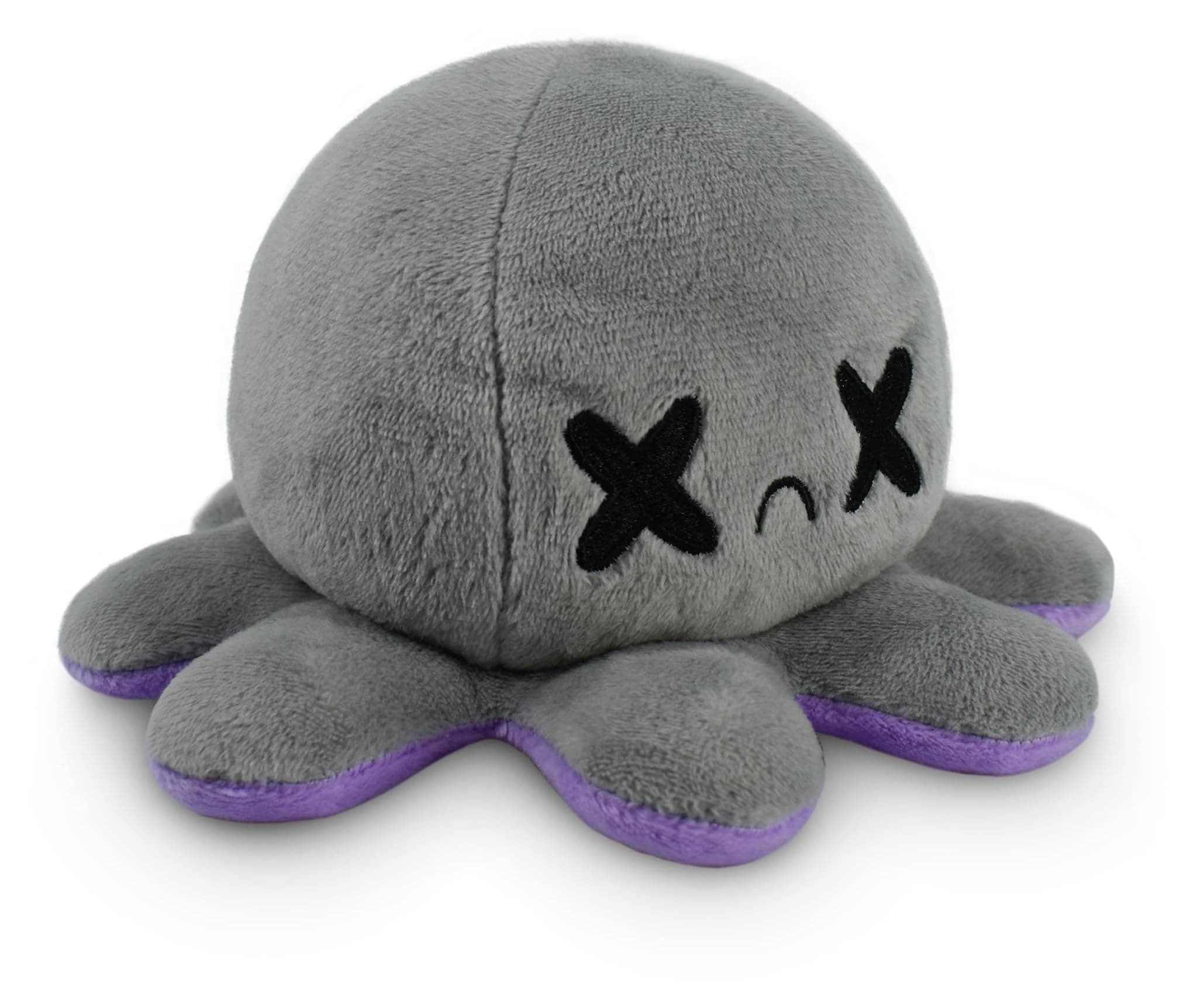Reversible Octopus Plushie 4-Inch Happy Purple + Dead Gray Two-Sided Flip Plush Toy with Embroidered Details - Cute Mini Collectible Plush for Kids, Teens, and Adults