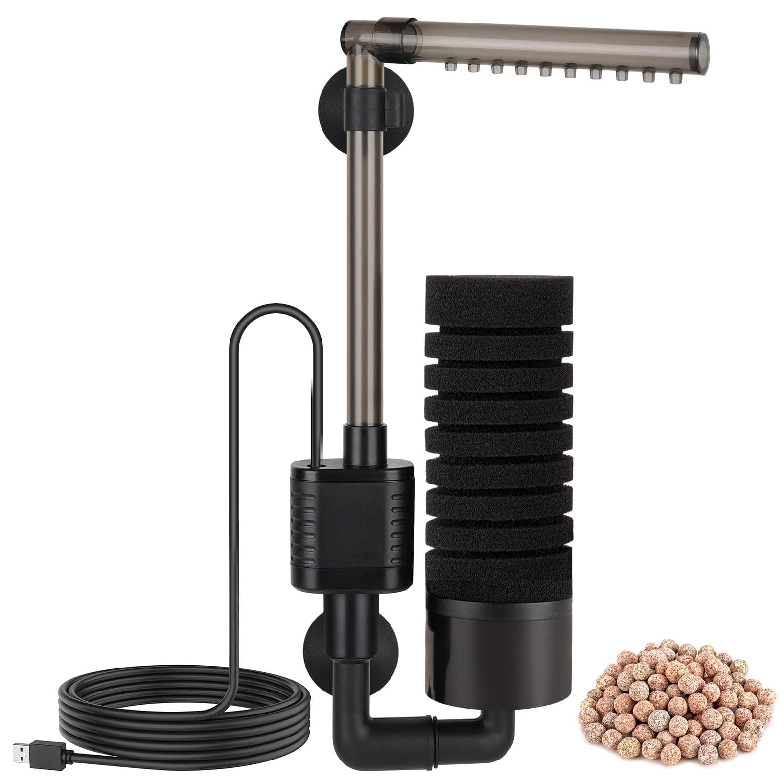 hygger USB Single Sponge Filter, Small Aquarium Filter with Adjustable Hanging Clip and Suction Cup, Duckbill Outlet, Rain Pipe Outlet, Extra Spare Sponge