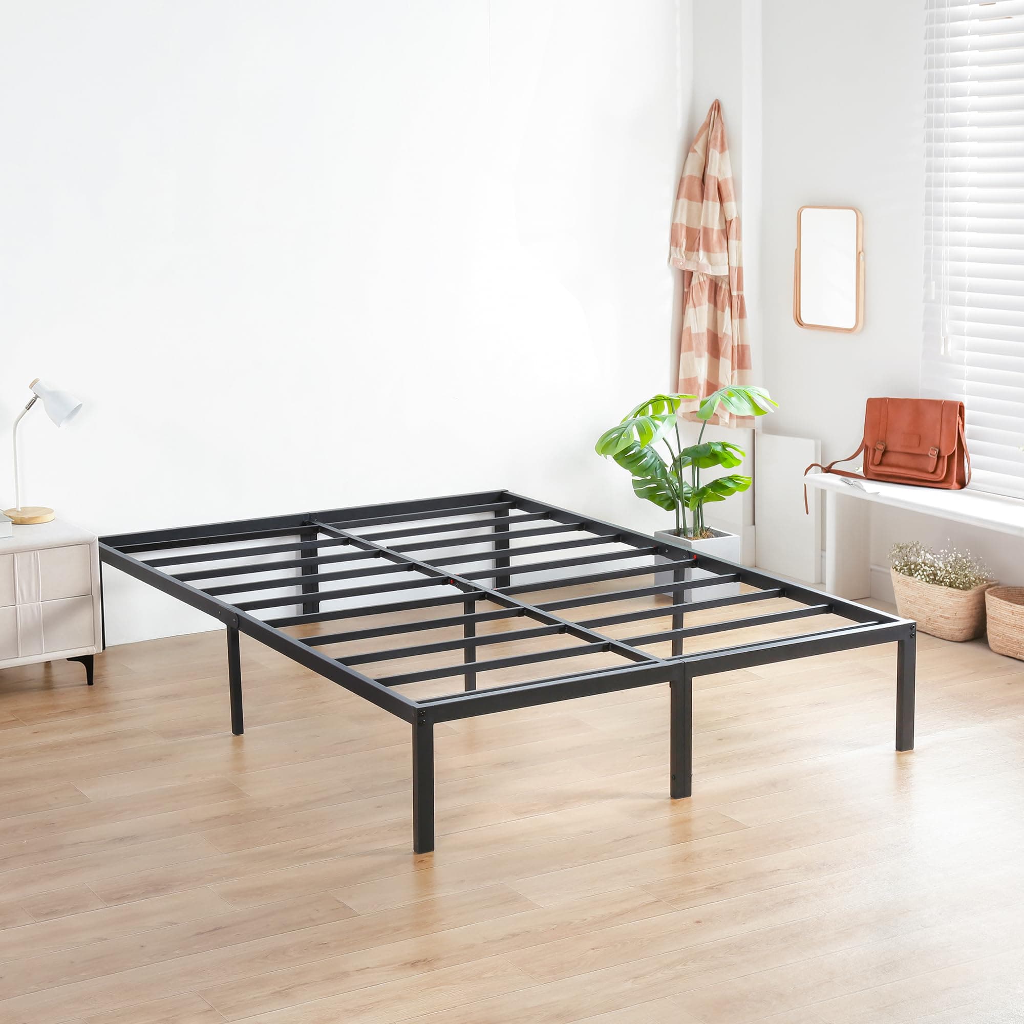 Olee Sleep 14 Inch Heavy Duty Steel Slat Anti-Slip Support, Easy Assembly Platform Bed Frame, Noise Free Steel Mattress Foundation, Maximum Storage, No Box Spring Needed, Black (Queen Size)