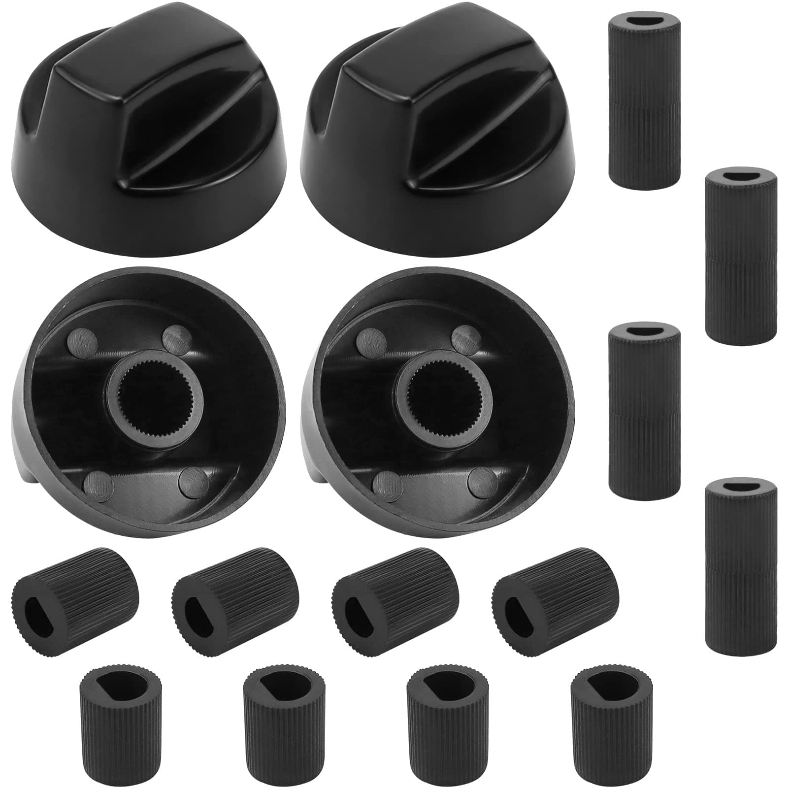Universal Oven Knobs - 4 Black Stove Control Knobs & 12 Adapters (4 Long, 8 Short) - Compatible with Most Gas & Electric Ranges & Ovens - Universal Stove Knobs- 90-Day Guarantee