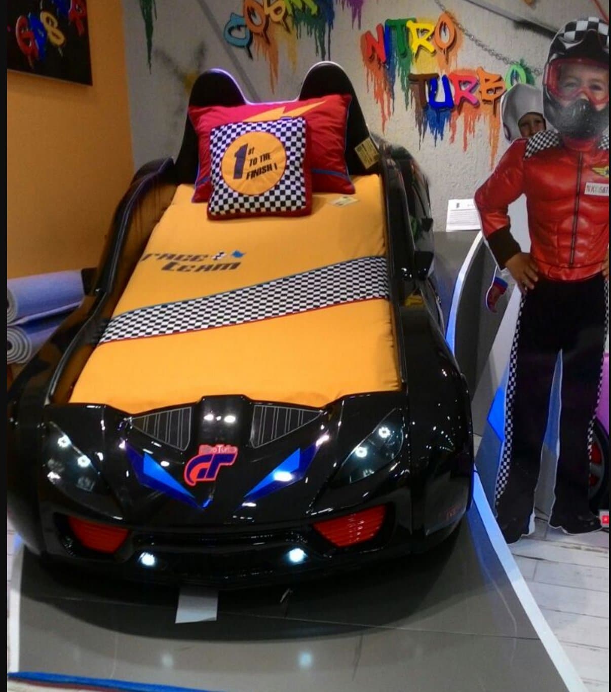 Nitro Turbo GT Kids Room Car Bed with Mattress Racing Sounds and Lights - Black