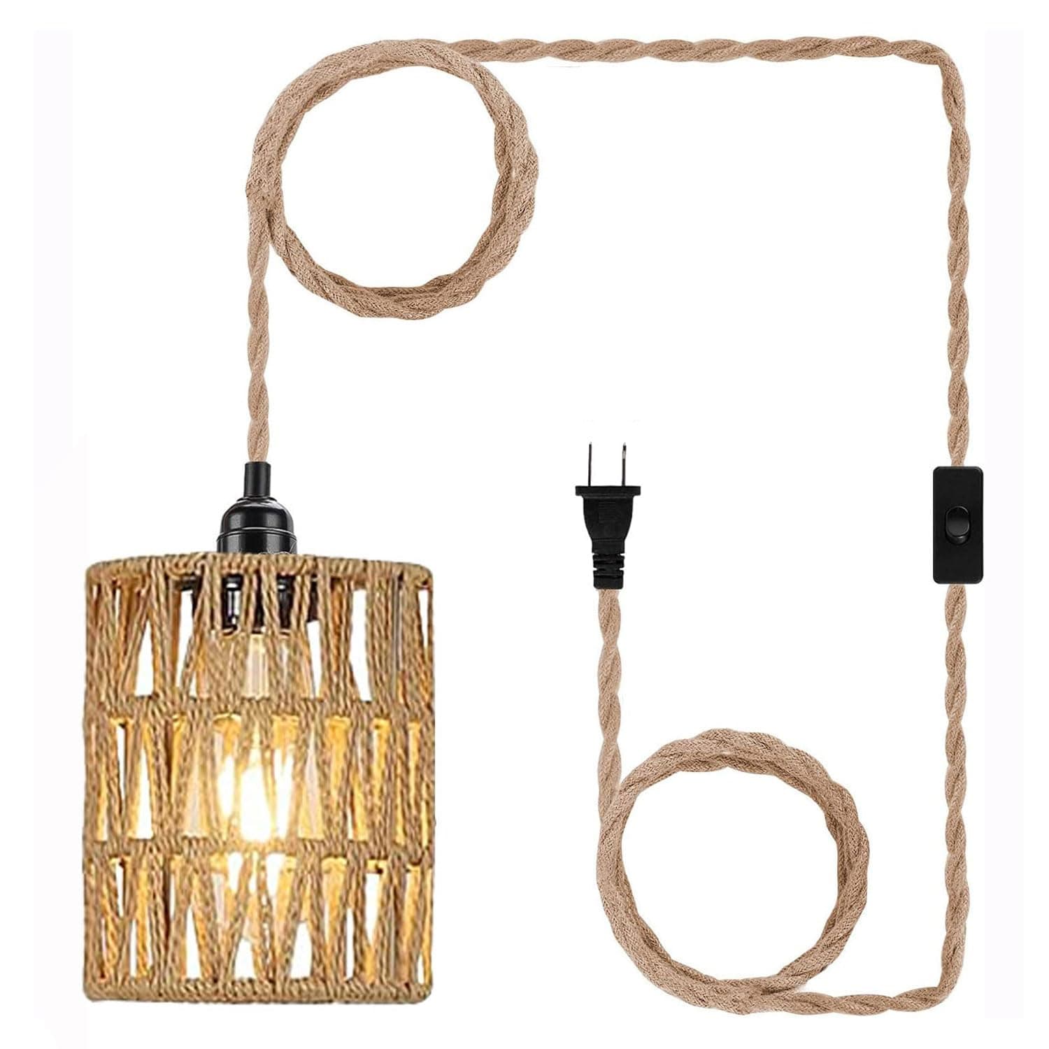Boho Plug in Pendant Light, Hanging Light with Plug in Cord, Ceiling Lamp Rattan Cylinder Lamp Shade On-Off Switch, Hanging Plant Shelf Shelves Bohemian Decor for Bedroom Living Room Corner