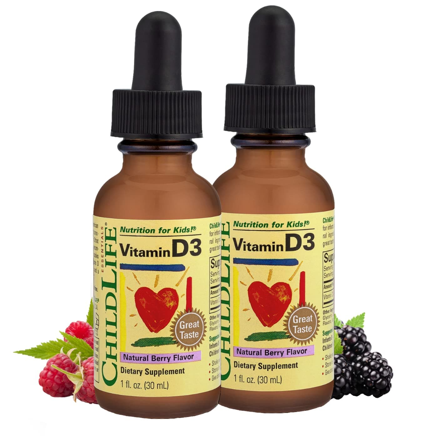 ESSENTIALS Vitamin D3 - Vitamin D Drops for Kids, 500 IU, Supports Immune, Heart & Bone Health, All-Natural, Gluten-Free, Non-GMO - Natural Berry Flavor, 1 Fl Oz Bottle (Pack of 2)