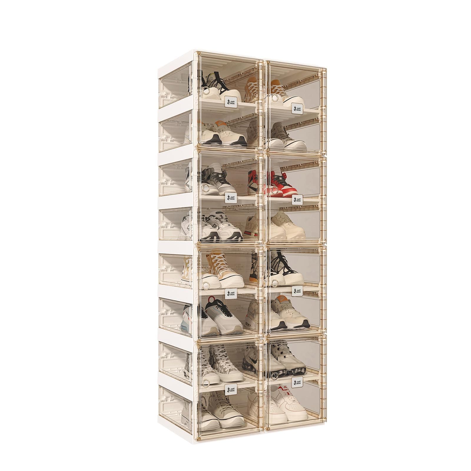 ANTBOXFoldable Shoe Rack,Shoe Organizers for Closet Plastic Shoe Storage Box for Entryway,Living Room,Large Sturdy Stackable Sneaker Cabinet Bins with Magnetic Clear Door 8 Tiers 16 Pairs