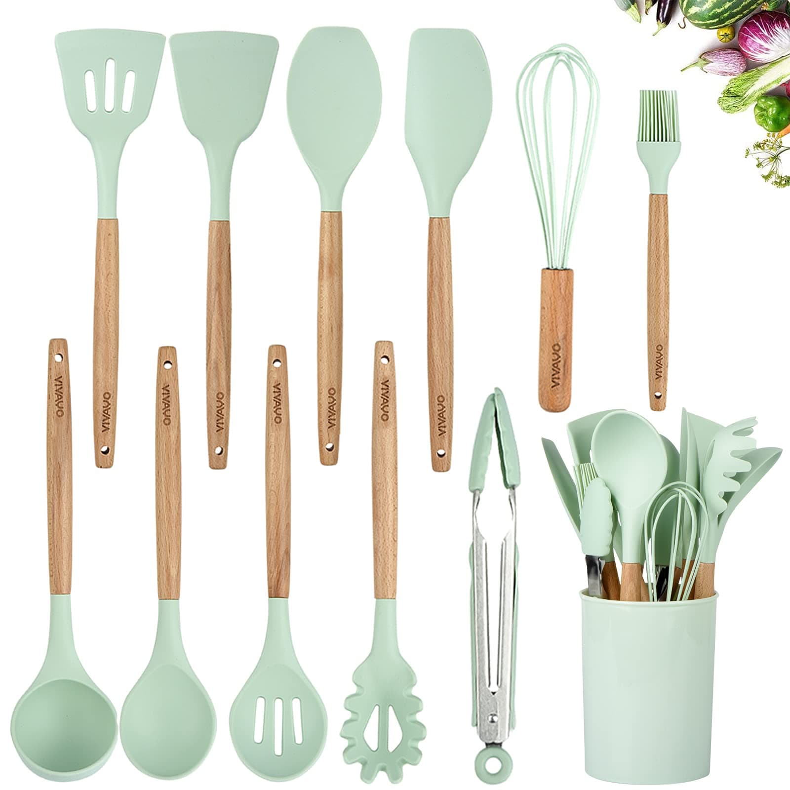 Silicone Cooking Utensil Kitchen Utensils Set, 12 Pieces Silicone Kitchen Utensil Wooden Handles, Kitchen Spatula Sets with Holder Spoon Turner Tongs,Mint Green