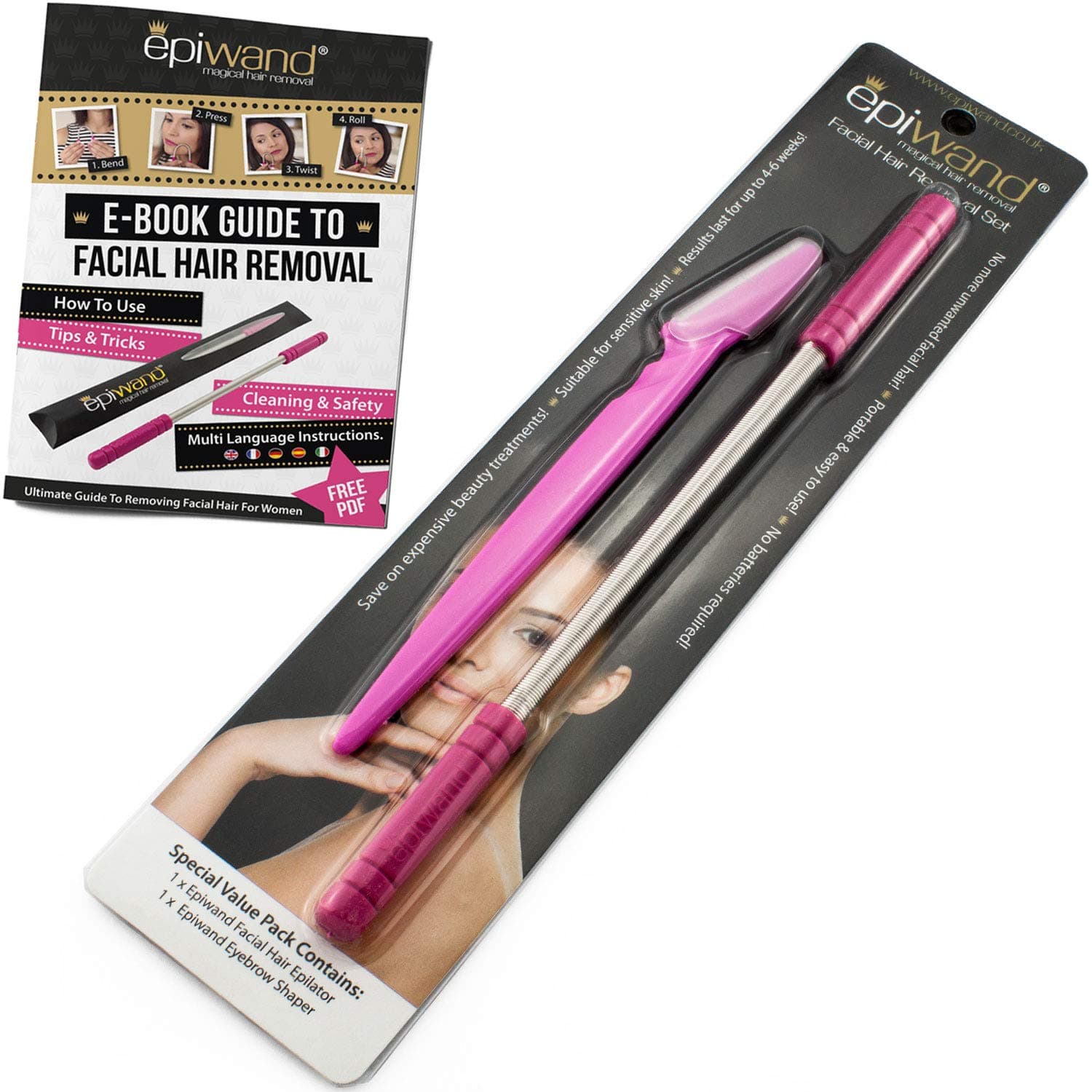 Epiwand Facial Hair Remover Kit | Face Epilator & Eyebrow Trimmer for Quick & Easy Hair Removal | No Batteries or Maintenance | Kit Includes 1 x Facial Hair Epilator & 1 x Eyebrow Razor/Trimmer