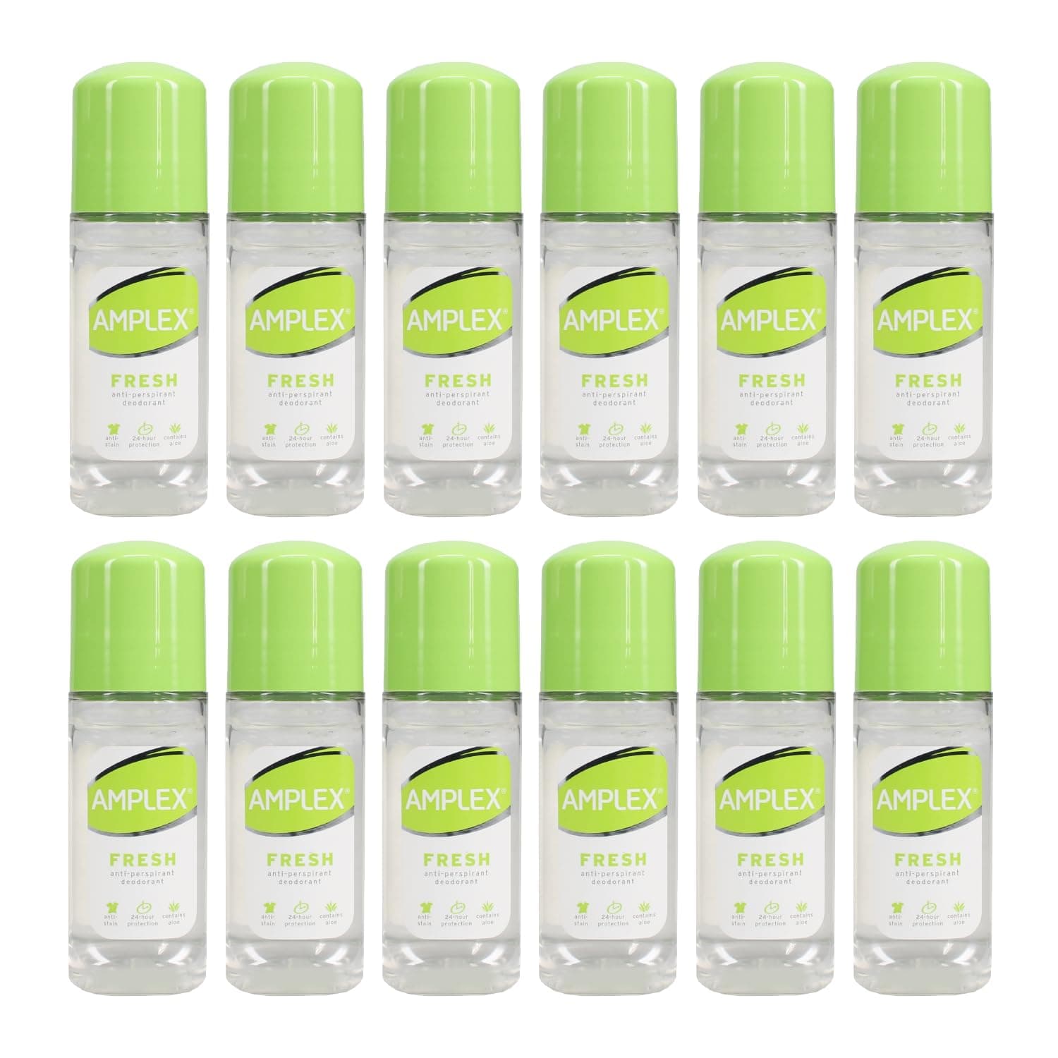Amplex Alcohol-Free Daily Anti-Perspirant Deodorant Multi-Pack, Fresh Scent, Long-Lasting, Anti-Stain Formula, 12 x 50ml