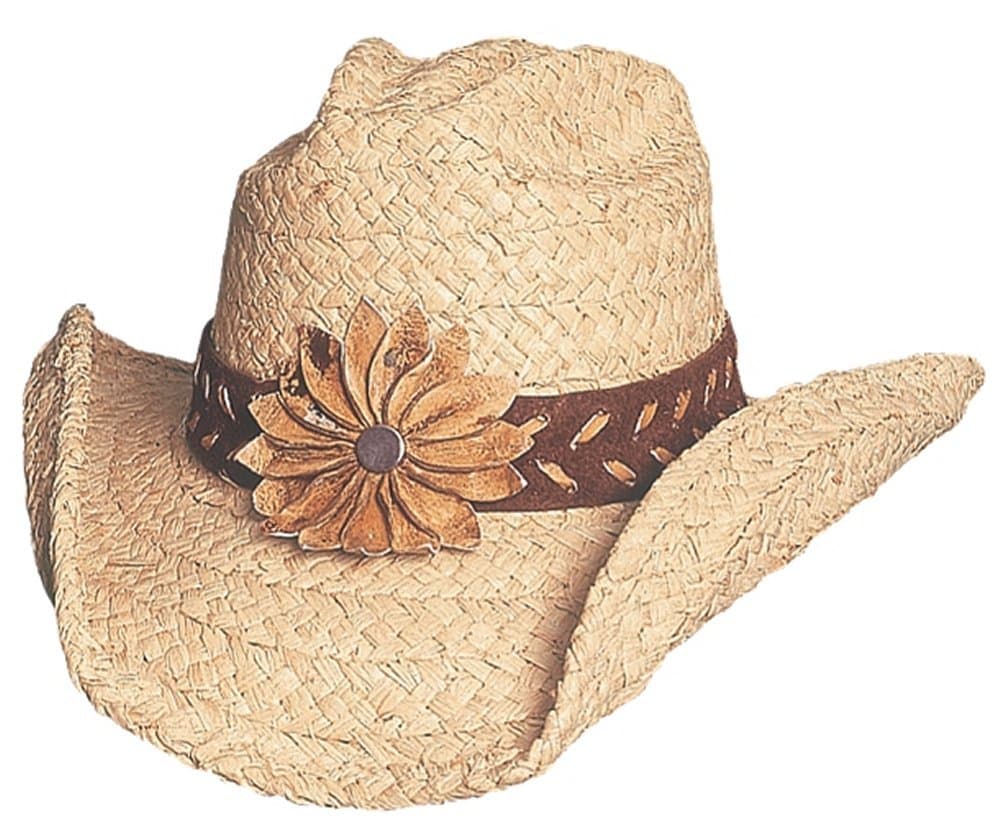 Medium Natural "Sunset" Ladies Raffia Western Hat with Flower Band
