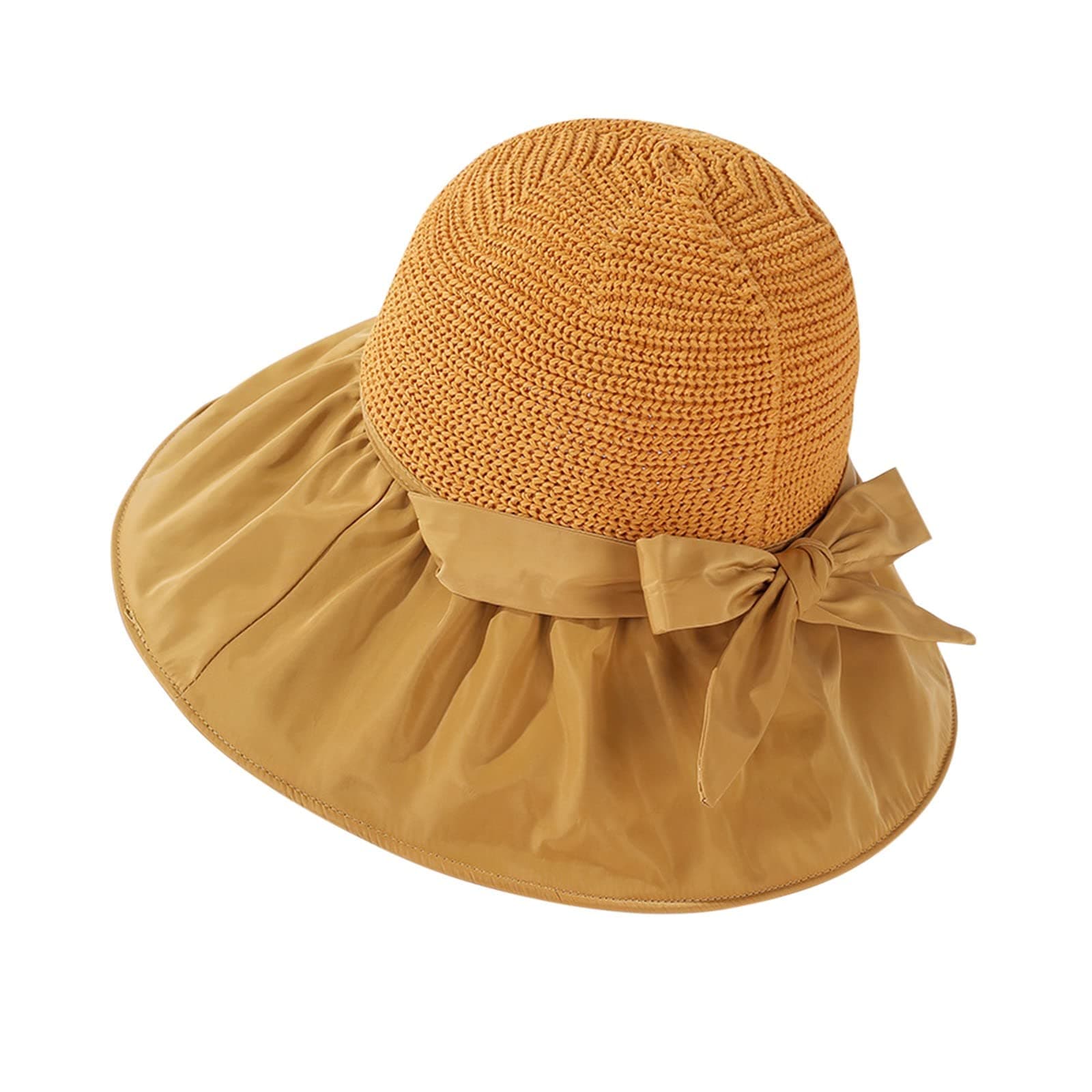 XIAOFEI Womens Outdoor Casual Bow Decoration Big Head Design Sun Hat Ladies Straw Hats (Yellow, One Size)