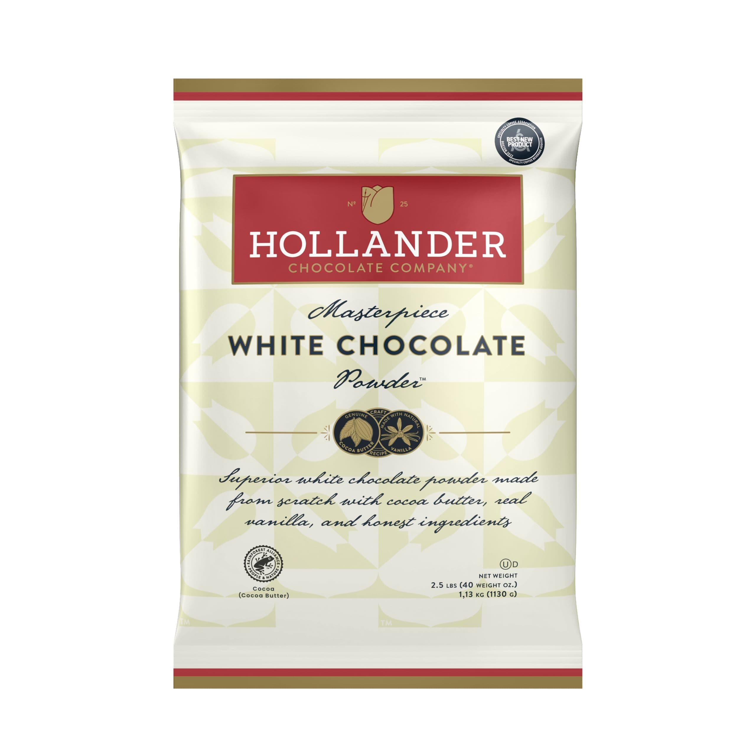 Hollander Masterpiece White Chocolate Powder | 2.5lb Bag | Sweet & Creamy Real White Chocolate |Beverage, Specialty Coffee Drinks, Baking & Desserts | Clean Label & Gourmet Ingredients | GMO Free, Rainforest Alliance Certified, Clean Label
