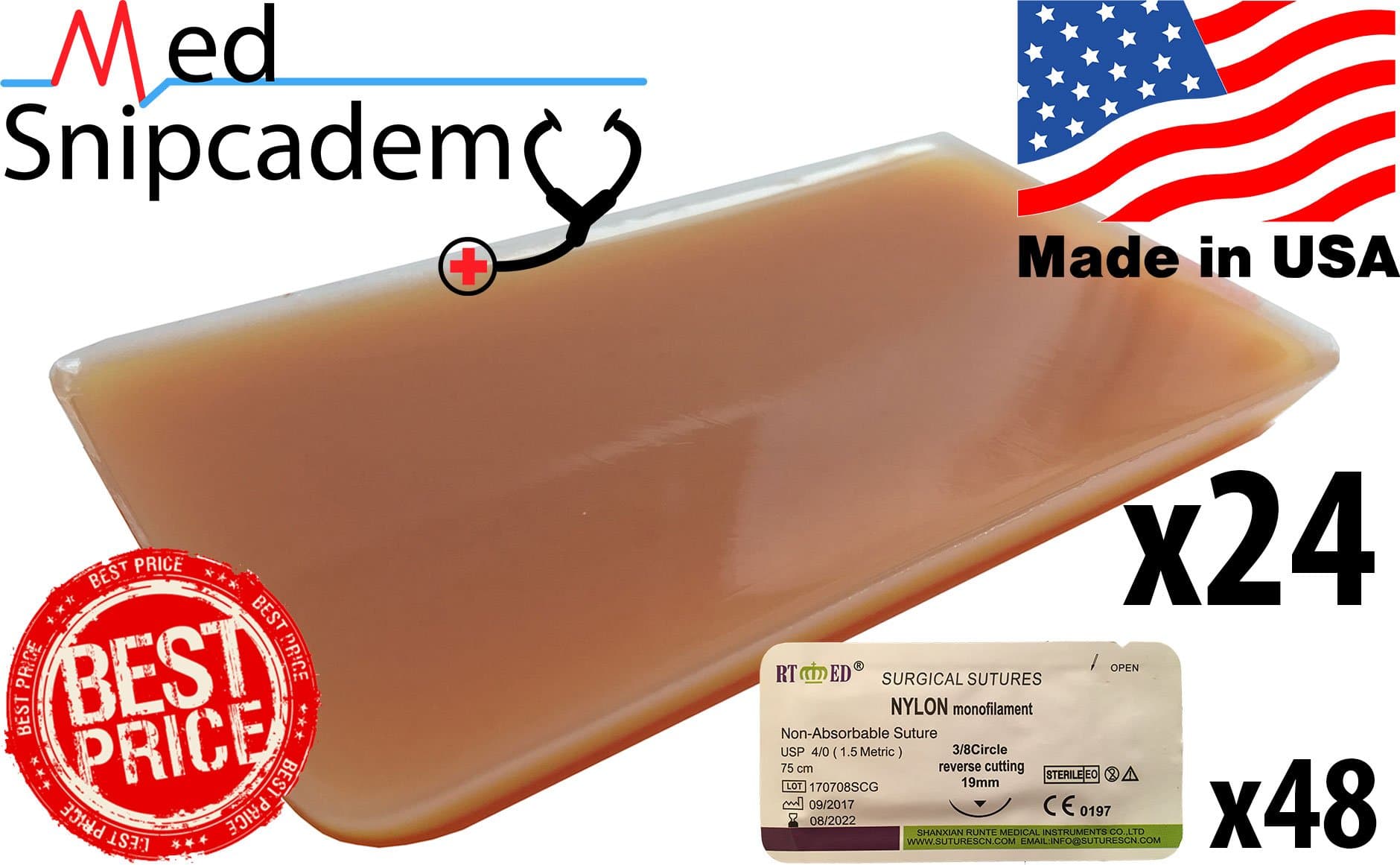 24x Suture Pad (4” x 2.25”) + 48x Nylon Suture Threads (Bulk Purchase for Classrooms) – 3-Layer, 100% Silicone, Extra Durable, Made in USA – for Doctors, Medical Students, Veterinarians and Nurses