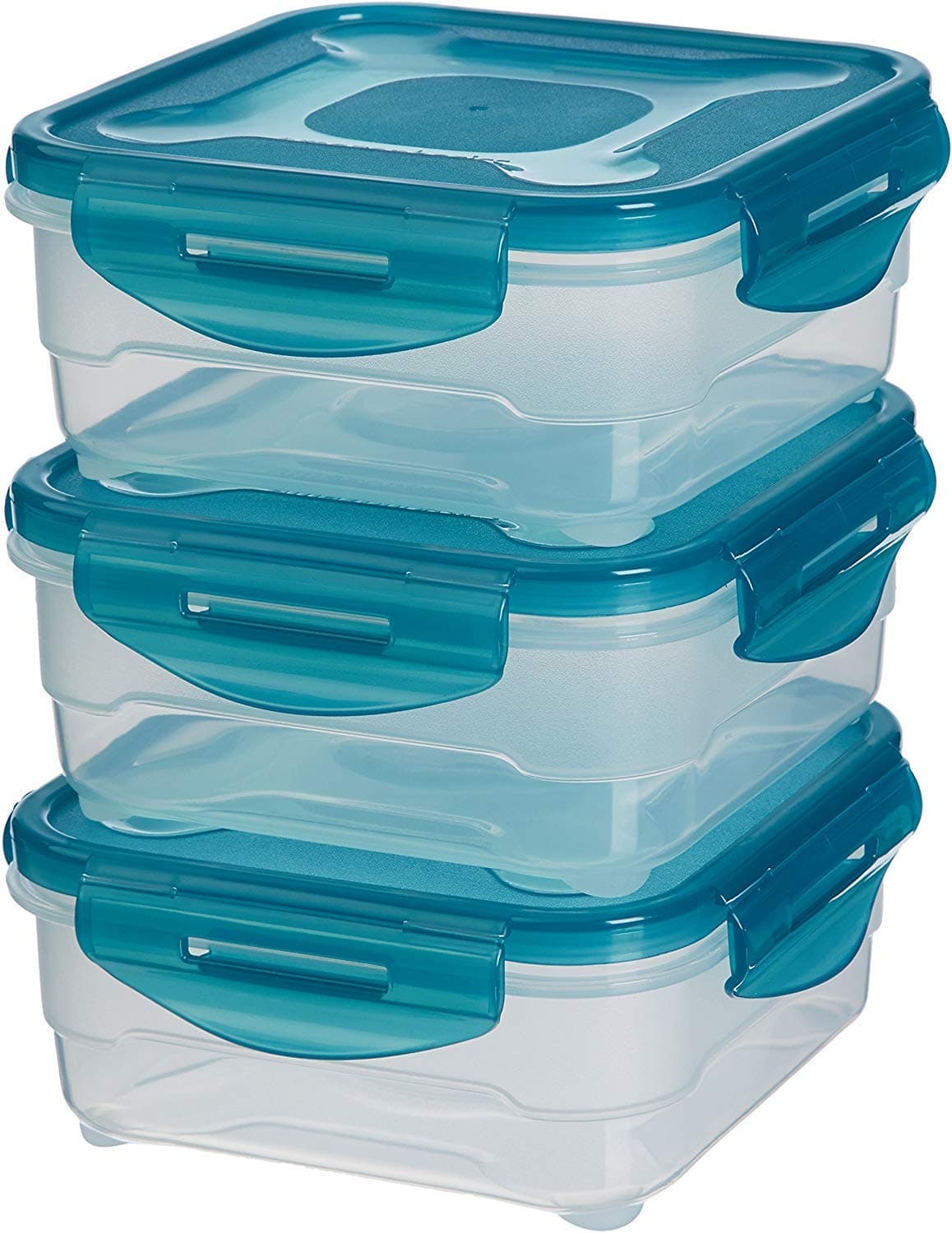 Amazon Basics Air-Locked Leak-Proof, Stackable & Airtight Fridge/Freezer Containers with Lids, BPA-Free Plastic, Microwave and Dishwasher Safe 3-Piece Food-Storage Set, 3 x 0.8 l, Clear