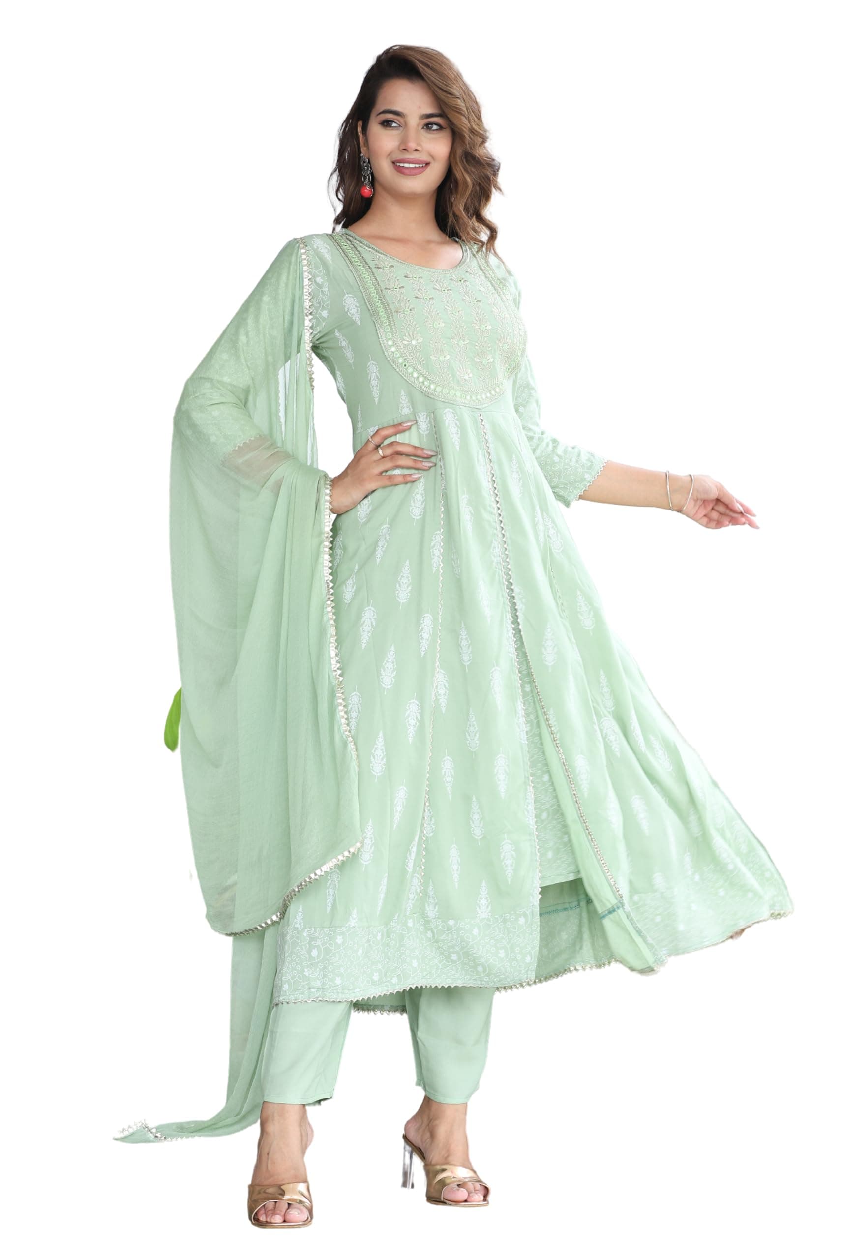 Rayon Printed Kurta with Pants Dupatta Set for Women Girls Long Middle Cut Kurtis Stylish Latest New Trending Design Anarkali Kurta A