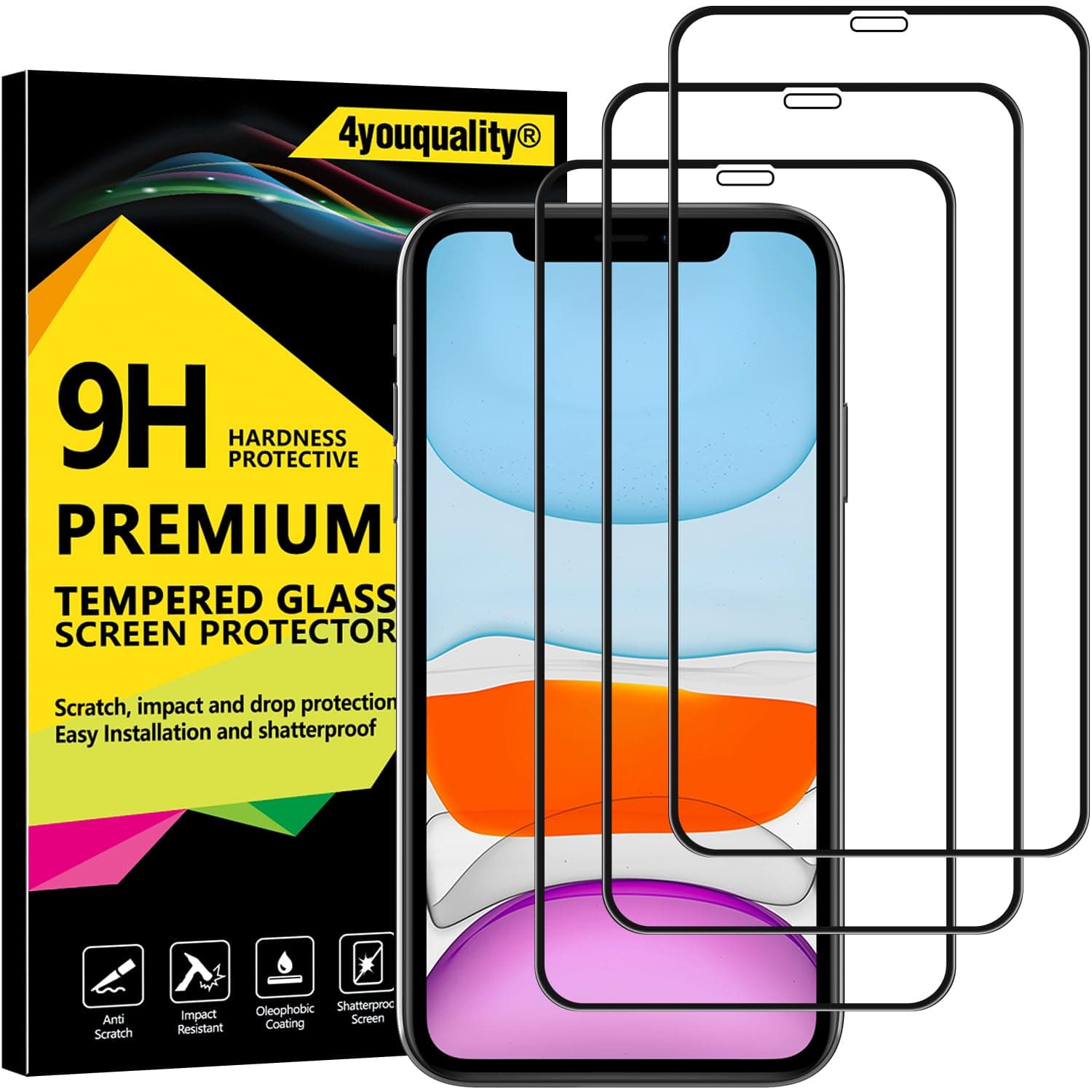 4youquality [3-Pack][Full Coverage] Screen Protector for iPhone XR & iPhone 11, Tempered Glass Film [Full Coverage][Impact-Resistant][Anti-Shatter]