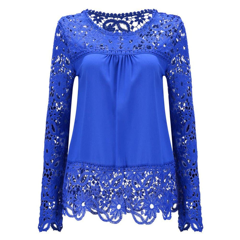 Women's Hollow Out Lace Stiching Blouse Tops(XXL,Dark Blue)
