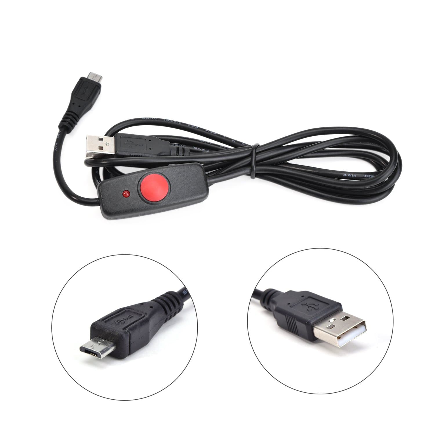 LoveRPi USB to MicroUSB Push On Off Power Switch with Red Status LED for Raspberry Pi