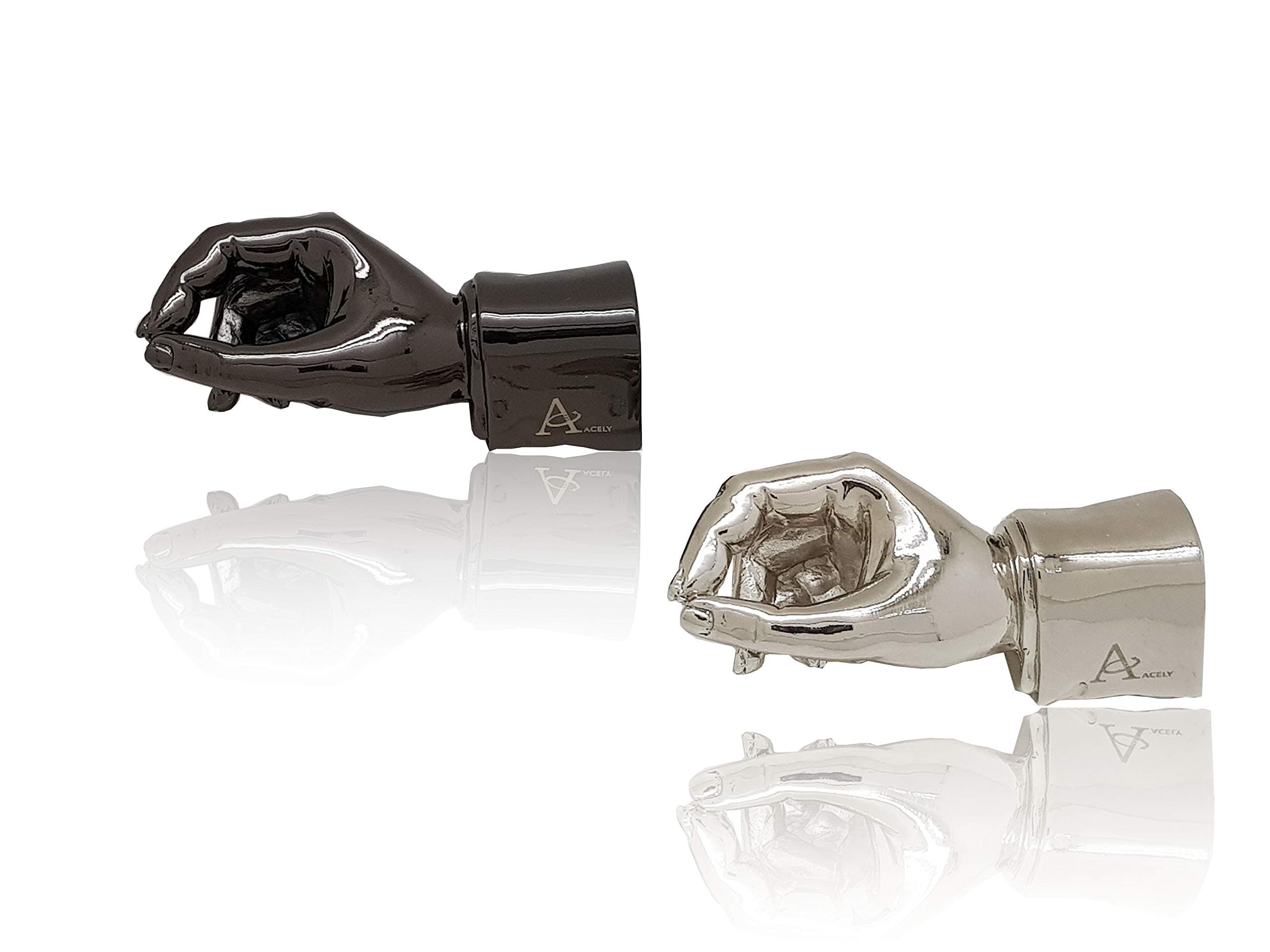 Acely executive hand shape pen holder metal art craft paperweight for desktop organizer pen stand decoration 2-PC pack (Silver & Black Chrome)