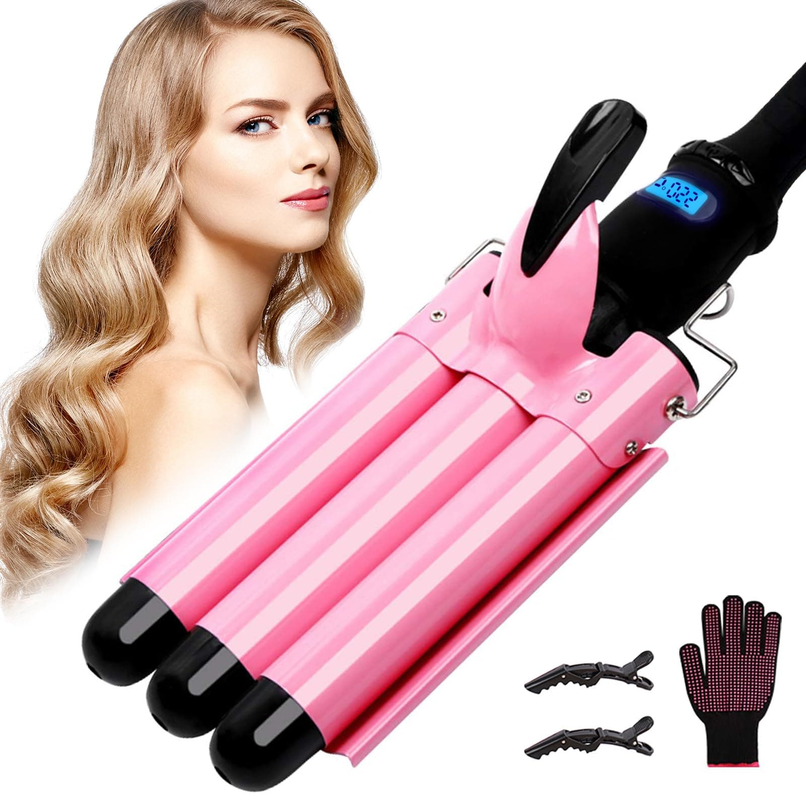 3 Barrel Hair Waver, 25mm Mermaid Curler Curling Tongs 3 Barrel Curling Iron with 2 Temperature Control 30s Quick Heating,Hair Waver Styling Tool with Heat-Resistant Gloves for Long, Short Hair (pink)