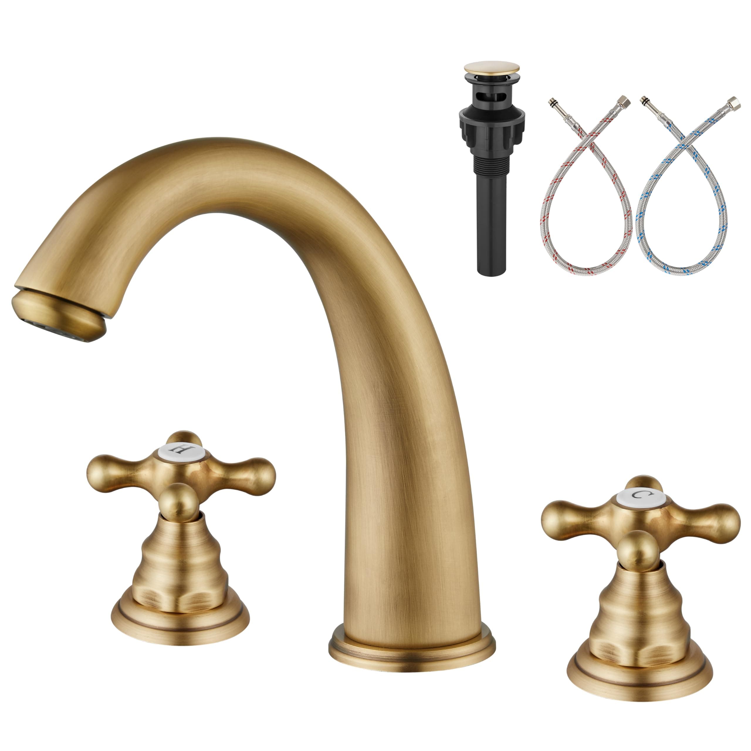 Widespread Bathroom Faucet 3 Hole Sink Faucet 8 Inch Two Cross Handles Solid Brass Deck Mount Pop Up Drain Assembly Included Curved Spout Antique Brass