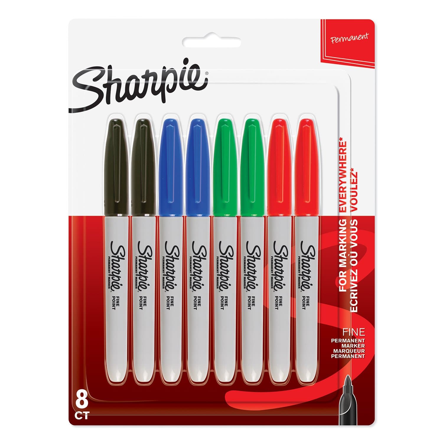 Permanent Markers, Fine Tip, Assorted Standard Colours, 8 Pack