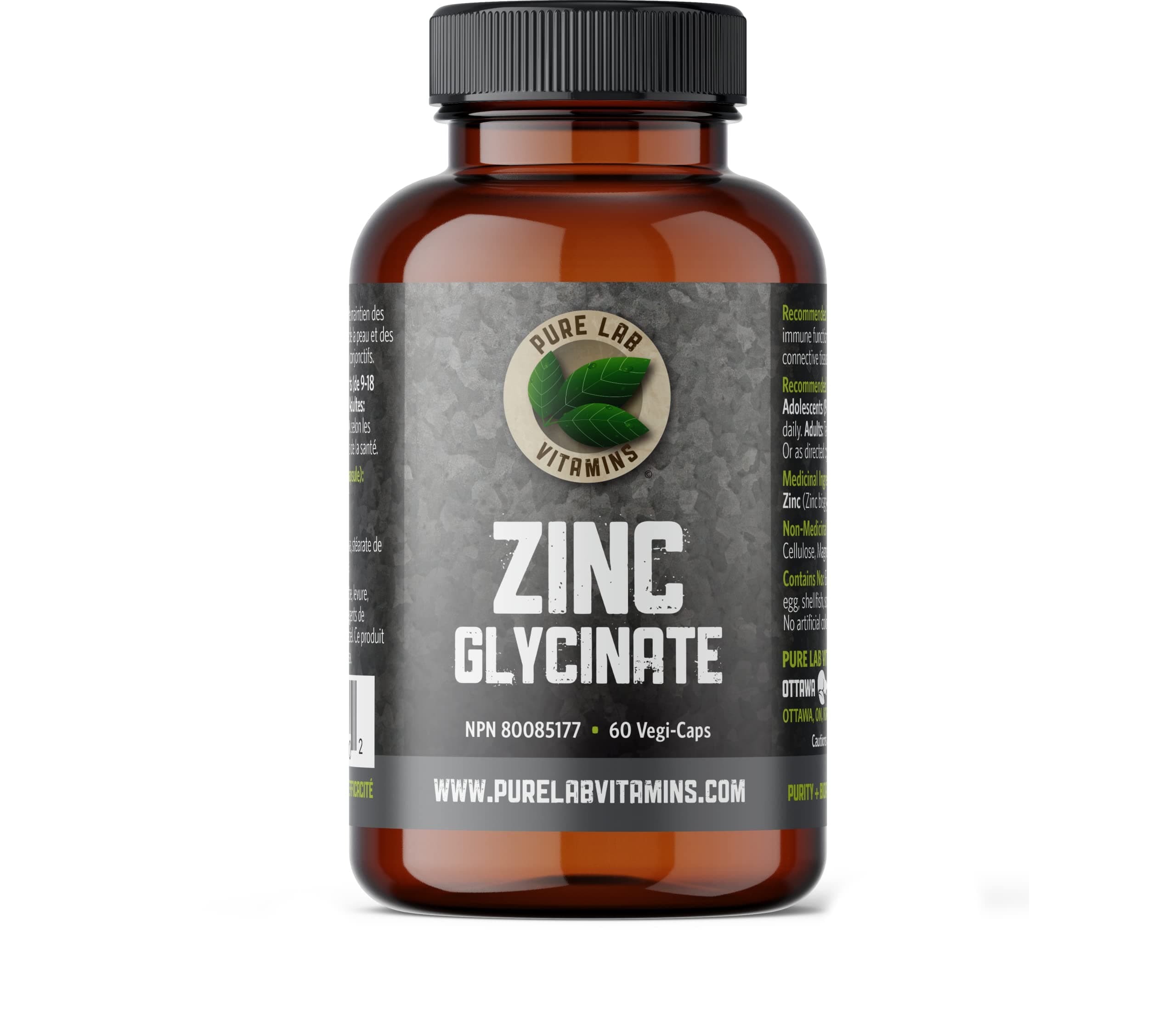 Zinc Glycinate 23 mg Supplement - 60 Vegan Caps by Pure Lab Vitamins - Amino Acid Salt for Healthy Skin & Nails - Supports The Immune System, Prostate, Vision - Made in Canada