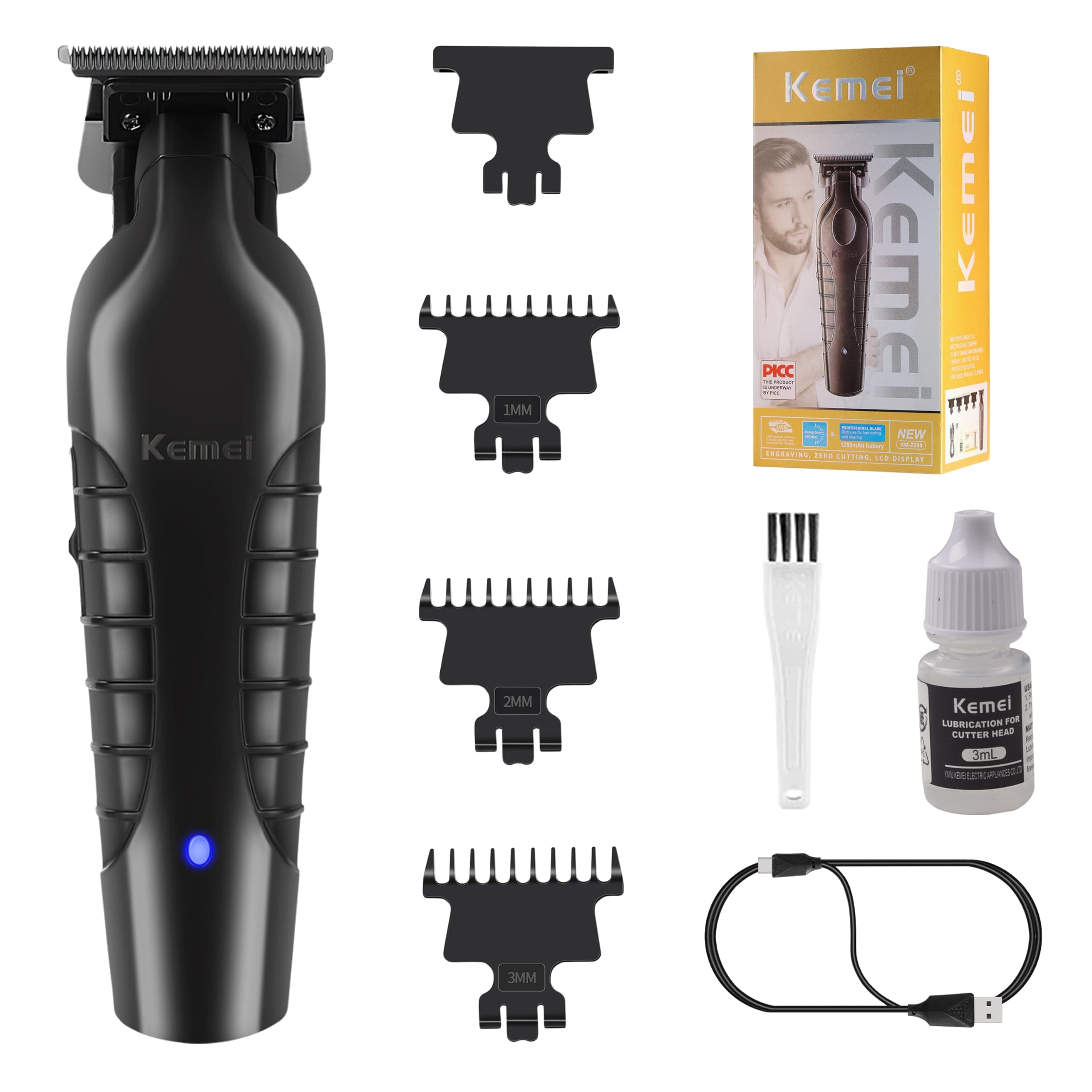 Kemei 2299 Professional Hair Trimmer for Men Electric Hair Clippers Zero Gapped T Blade Outliner Beard Trimmers Barber Hair Cuttings Kit Cordless