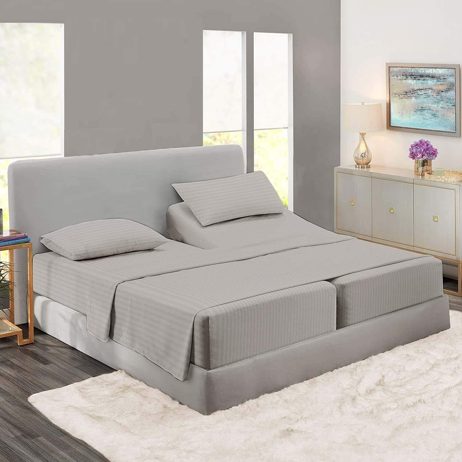 Split King Sheets Sets for Adjustable Beds-Twin Xl Fitted Sheets for Adjustable Bed Split King-Sheets for Split King Adjustable Bed -5 Pcs Split King Sheets (2 Twin XL Fitted sheet, Stripe-Light Grey
