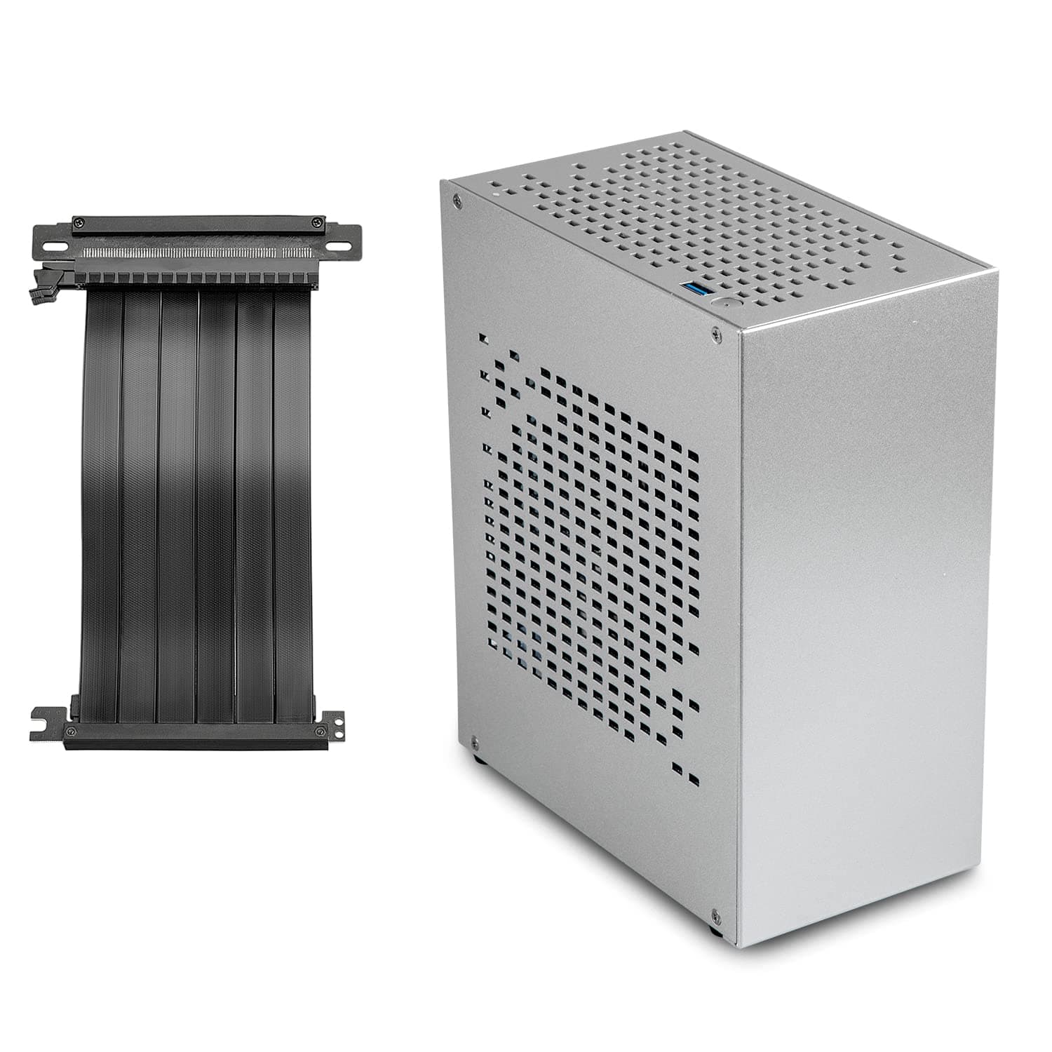 Aluminum Mini ITX Case with PCIe Riser, JOYJOM Mini PC Case, SFF Small Form Factor PC Case, TX Computer Game Case Compatible with GPU Graphics Card (Silver)