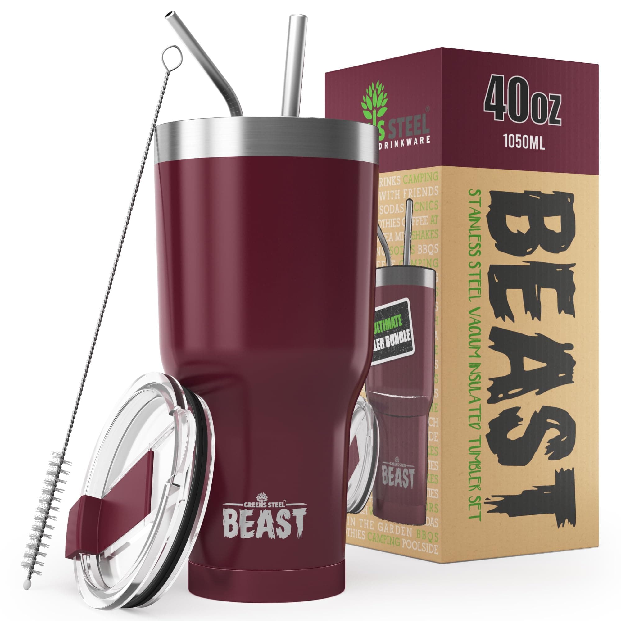 Beast 40 oz Tumbler Stainless Steel Vacuum Insulated Coffee Ice Cup Double Wall Travel Flask (Cranberry Red)
