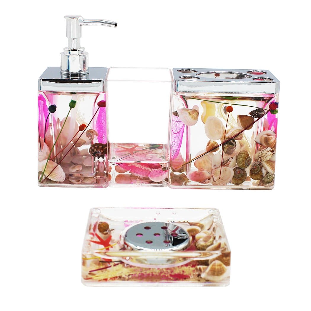 EUMAT Ocean Seashells Series Bathroom Accessories Set Acrylic 4 Piece Pink Cute Bath Set With Lotion Dispenser, Toothbrush Holder, Soap Dish and Tumbler, NB4-028