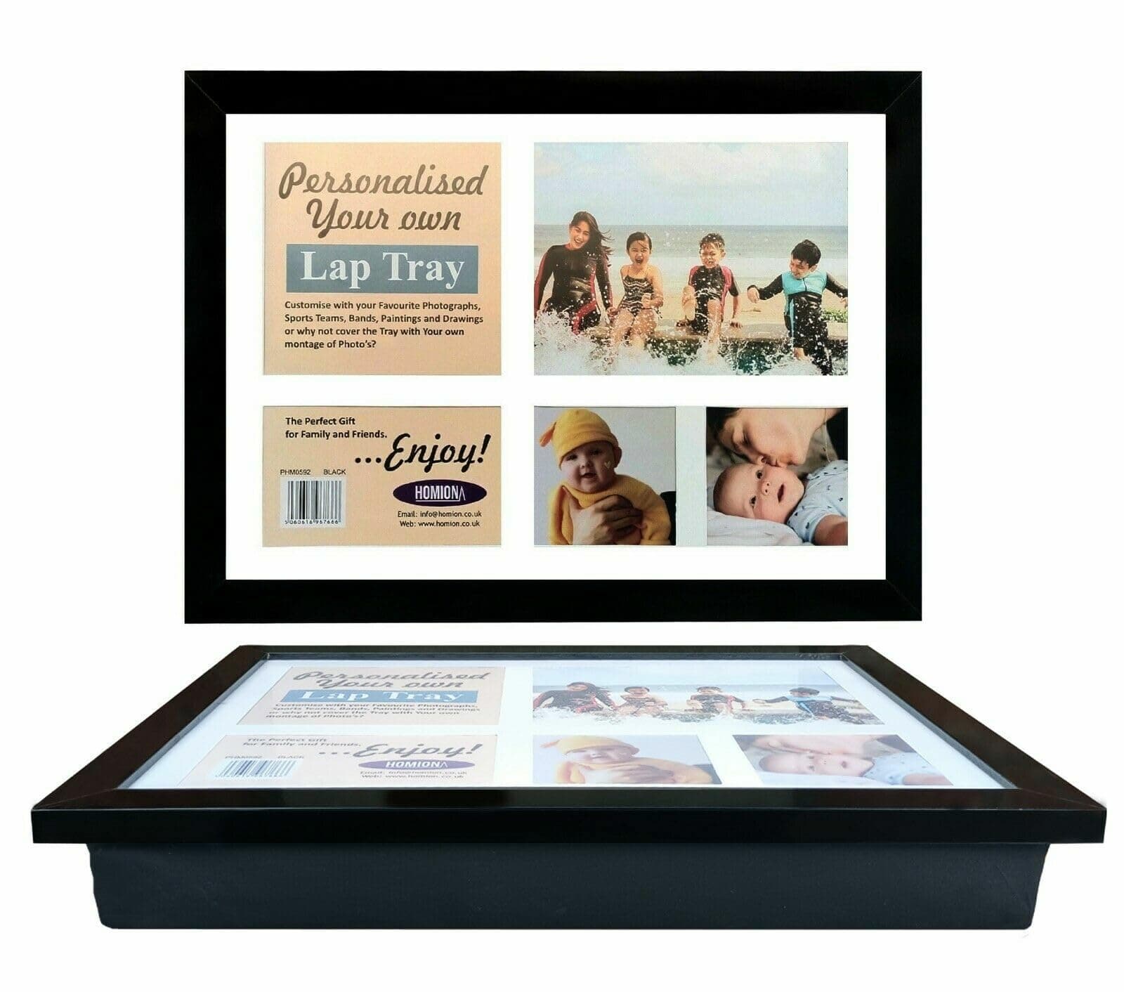 HOMION Personalised Wooden Lap Tray Breakfast Food Laptop Table with Bean Bag Soft Cushion Padded ( Black )