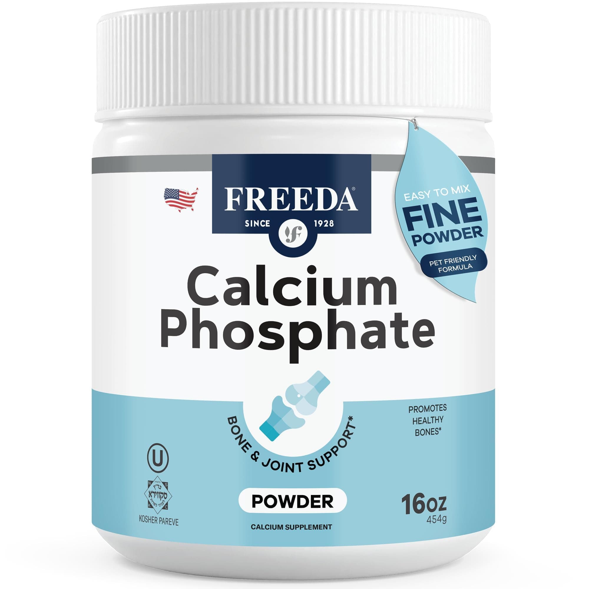 Freeda Calcium Phosphate Powder - Kosher Calcium Supplement for Men & Women, Animal Bone Health & Joint Support for Dogs & Cats - Calcium and Phosphorus Supplement - Calcium Without Vitamin D, 16oz