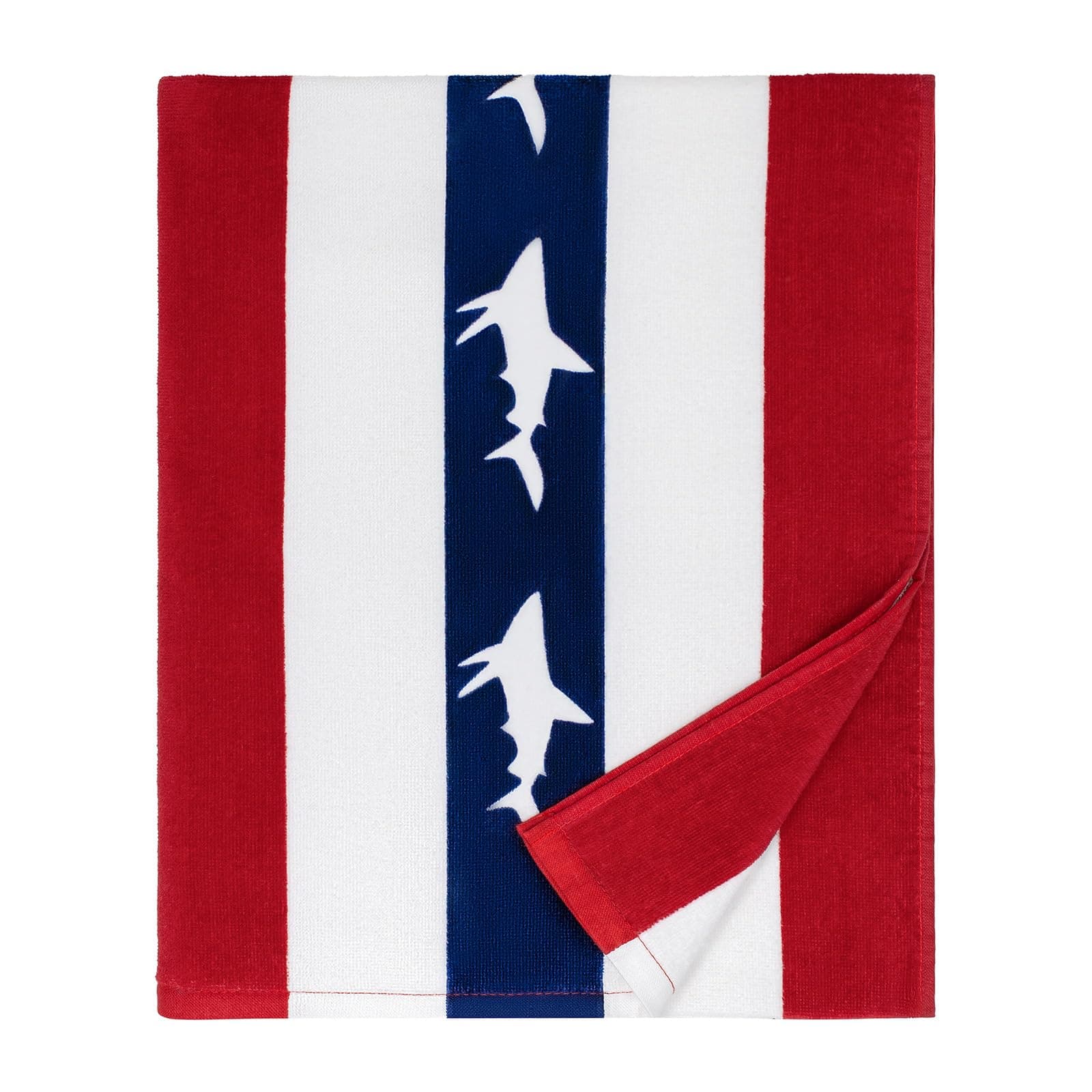 cabanana Large Beach Towel Oversized - Cotton Velour 35 x 70 Inch Shark Striped Terry Pool Towel, Cabana Soft Swimming Towel for Adults Women Men (Navy Red)