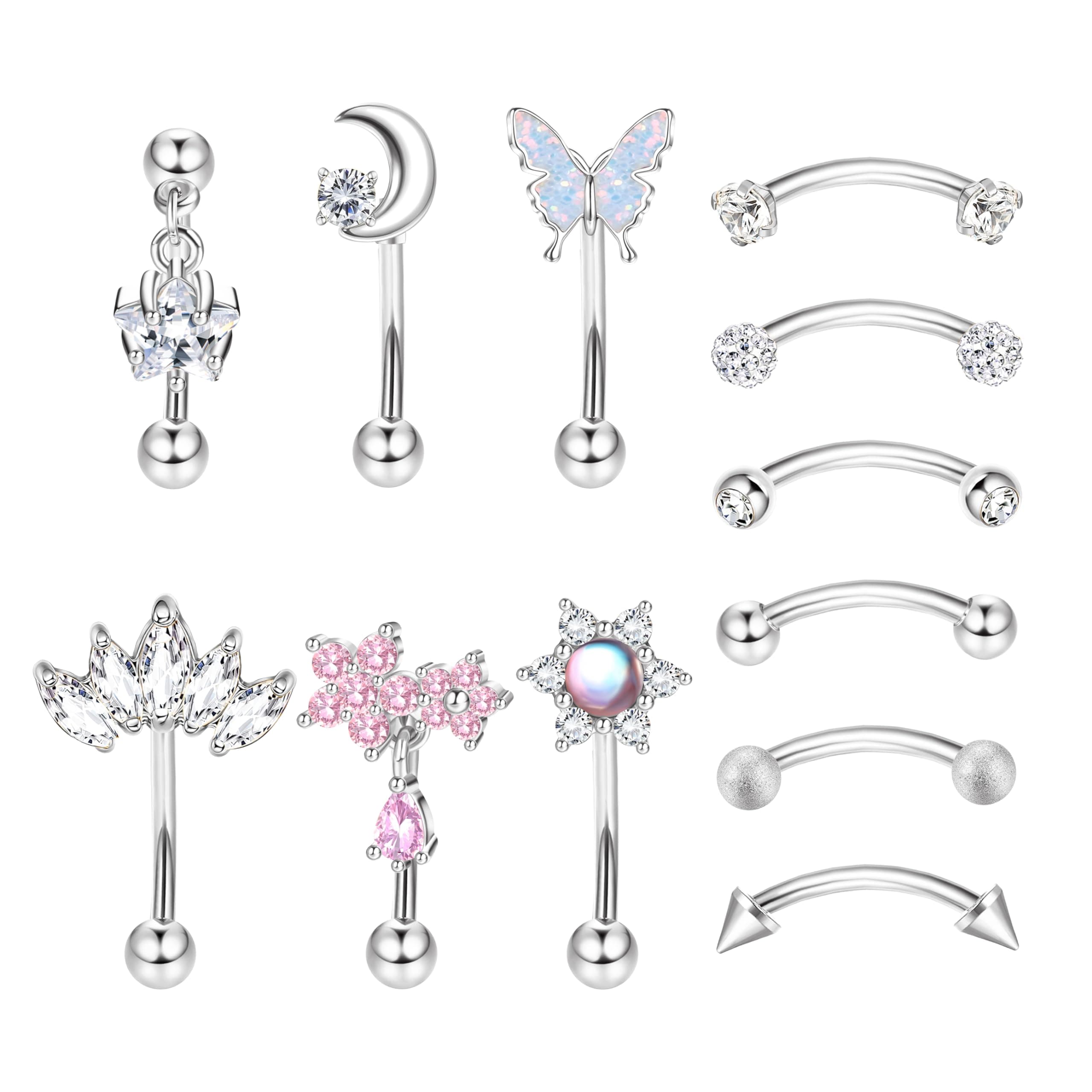 12 PCS Rook Piercing Jewelry Rook Earrings for Women Men Eyebrow Rings 16G Stainless Steel Curved Barbell Dangle CZ Belly Lip Ring Cartilage Daith Surface Tragus Piercing Jewelry