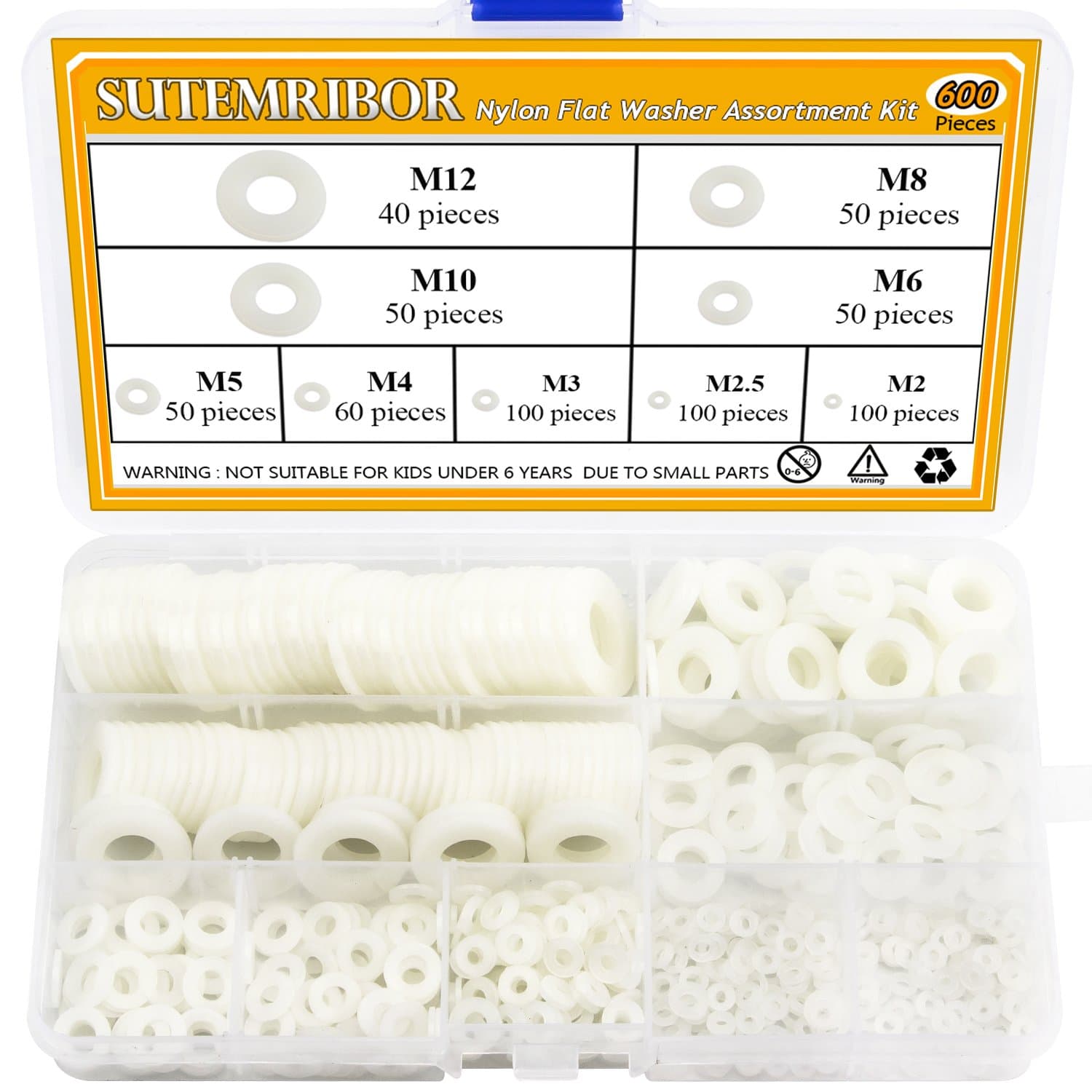 Nylon Flat Washer Assortment Set 600 Pieces, 9 Sizes - M2 M2.5 M3 M4 M5 M6 M8 M10 M12