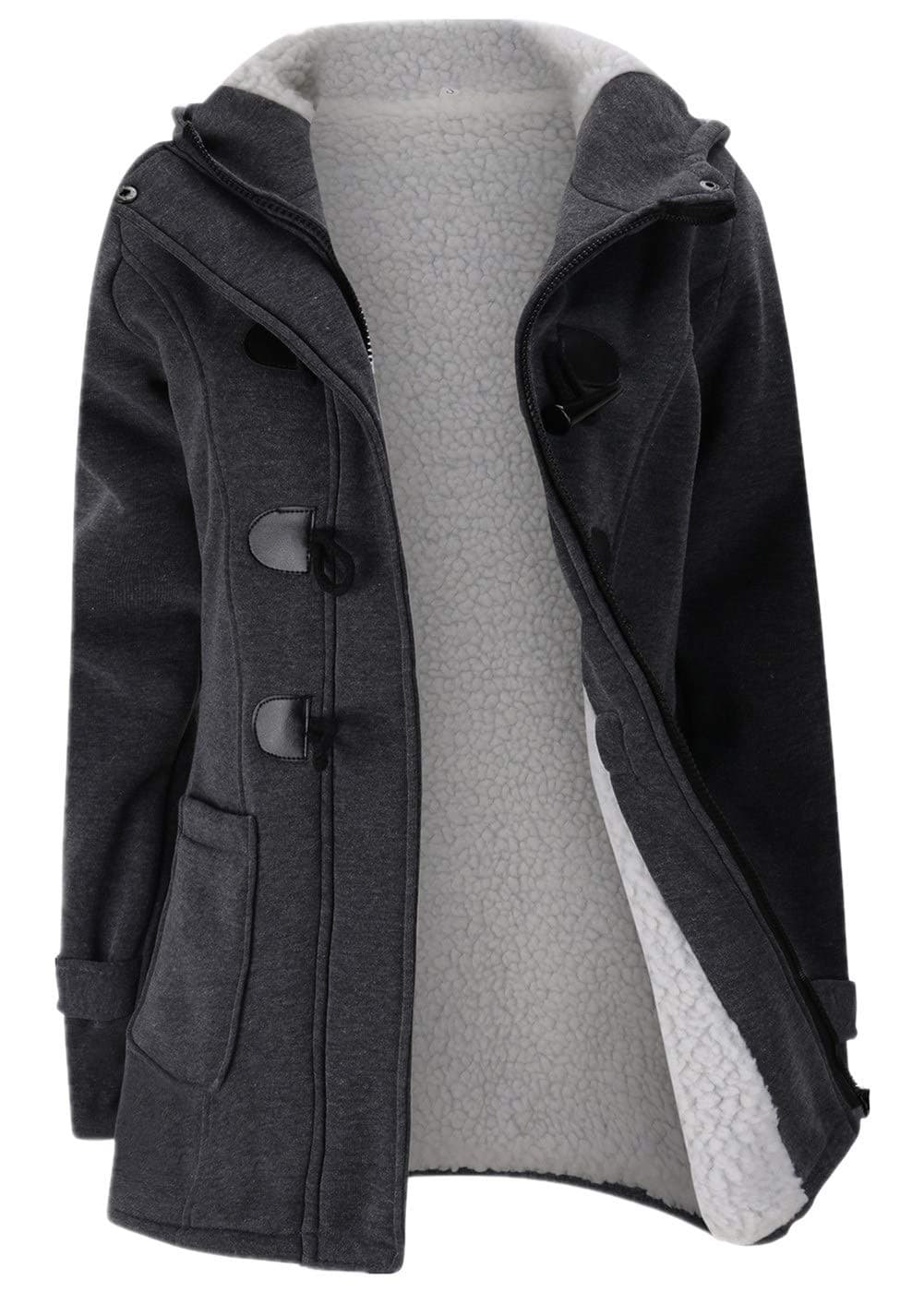 Womens Fashion Horn Button Fleece Thicken Coat with Hood Winter Warm Jacket