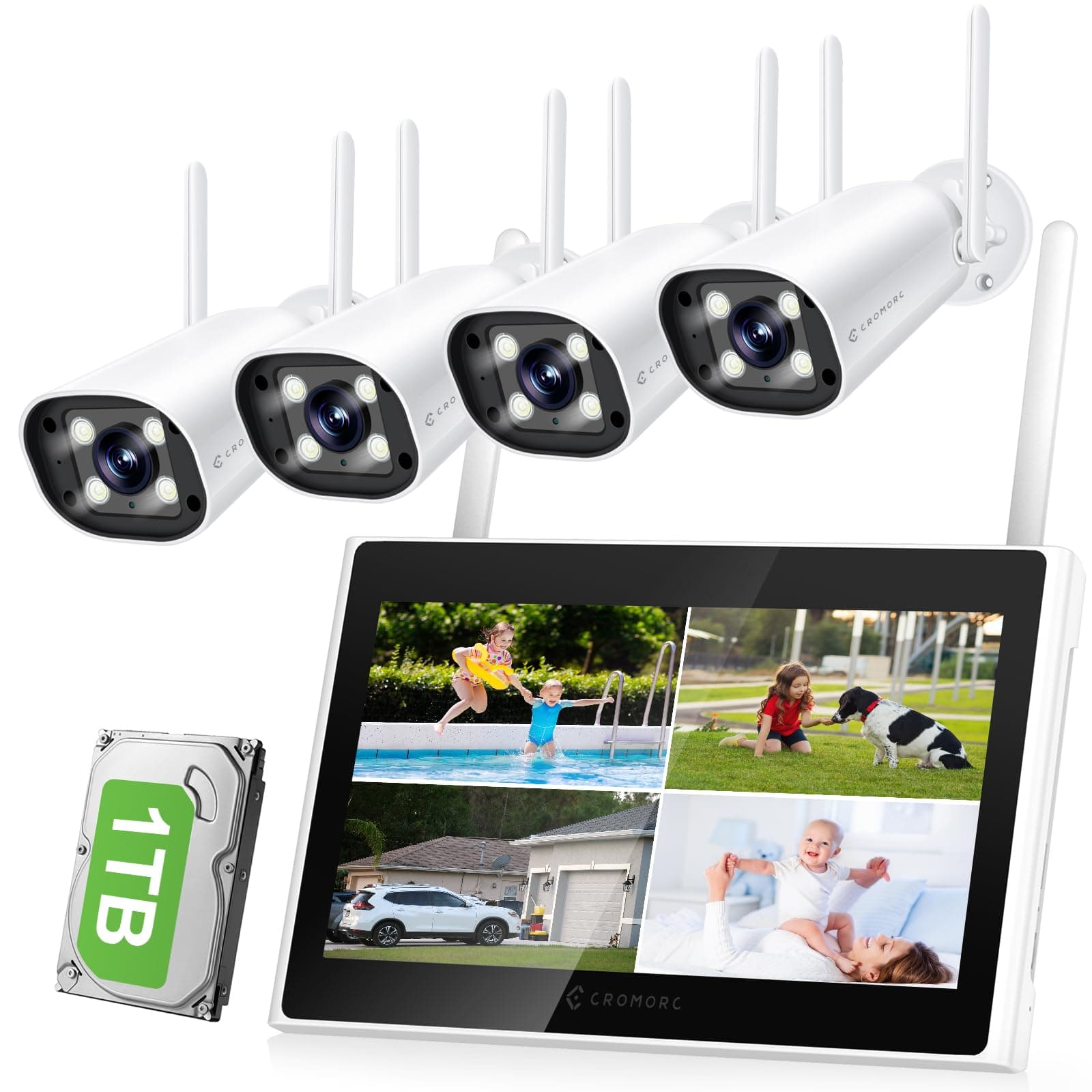 Expandable 10 Channel Wireless Security Camera System with 10.1" Monitor, AI Human Detection, Spotlight,Siren Alarm, 2-Way Audio,4Pcs 5MP Camera,Home Business Surveillance,1TB HDD