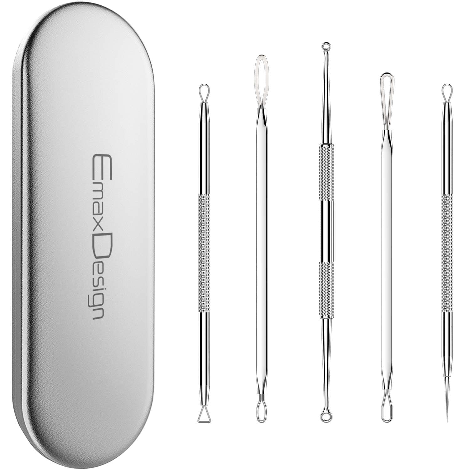 EmaxDesign Blackhead Remover Pimple Comedone Extractor Tool Best Acne Removal Kit - Treatment for Blemish, Whitehead Popping, Zit Removing for Risk Free Nose Face Skin with Metal Case
