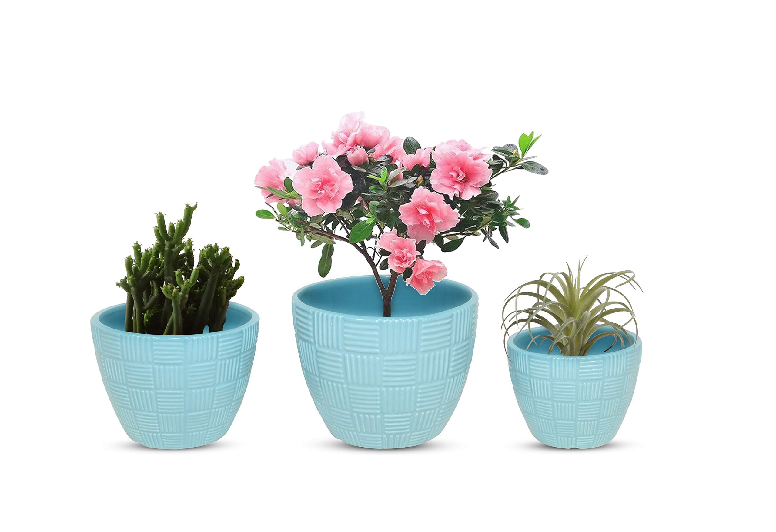 Last Week Offer 7+6+5 inch Naturish Flower Pot Set - Turquoise Glazed Ceramic Plant Pots with Drainage Hole and Accessories for Indoor and Garden Planters - Succulent Pots