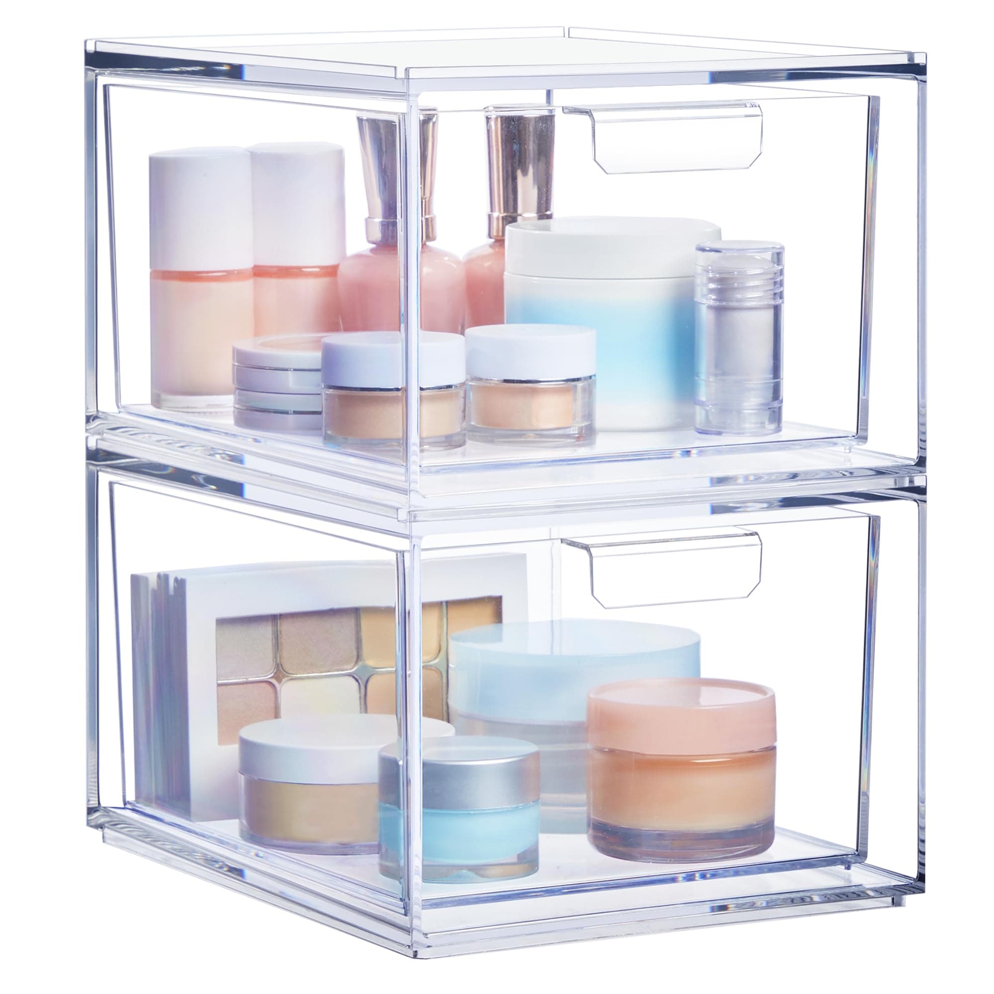 STORi Audrey Stackable Clear Bin Plastic Organizer Drawers | 2 Piece Set | Organize Cosmetics and Beauty Supplies on a Vanity | Made in USA