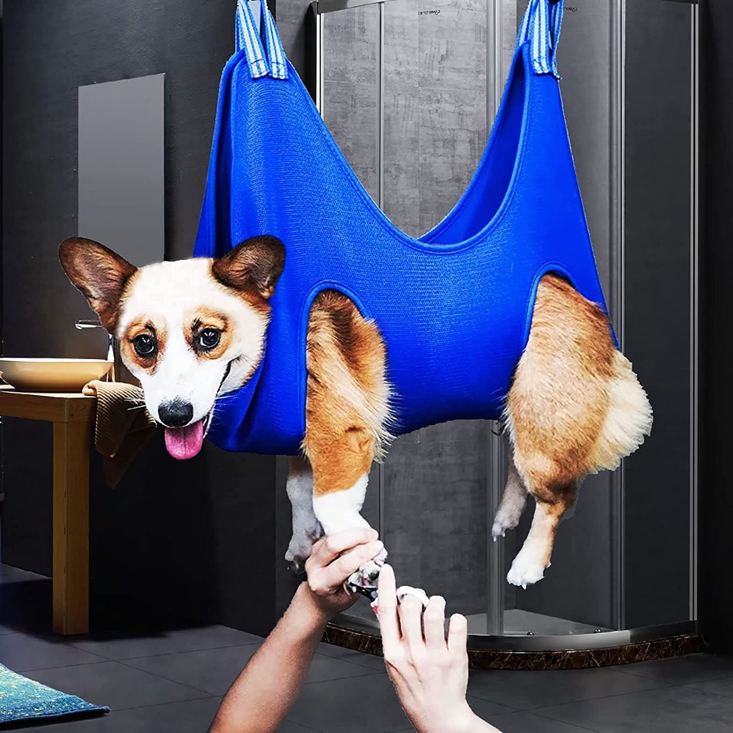 - Dog Grooming Sling Hammock for Small Medium Dogs, Relaxation Restraint Cat Grooming Sling Bag for Grooming Trimming Nail & Pets Bathing, with 2 Hooks Blue S