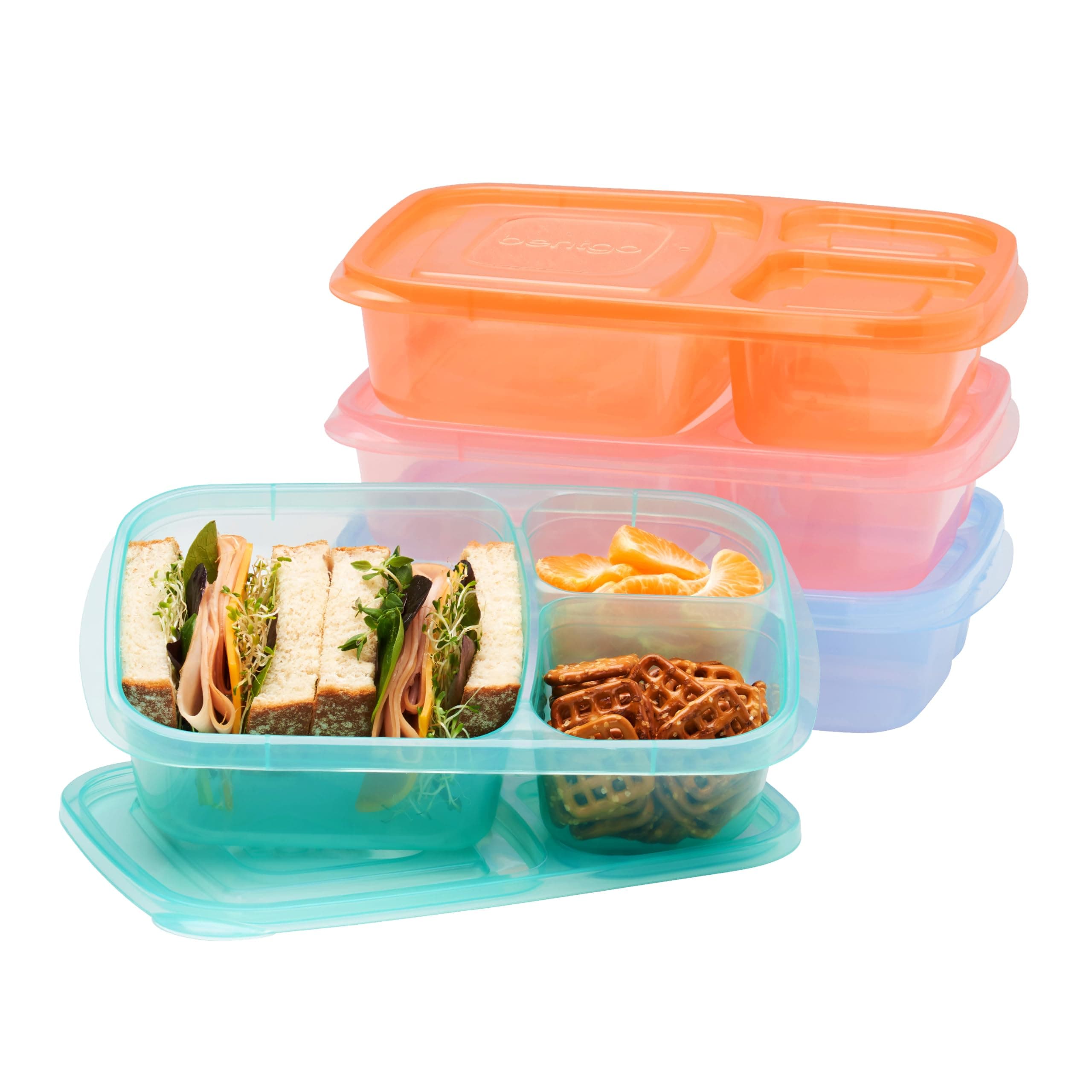 Easyboxes - Original Stackable Lunch Boxes - Reusable 3-Compartment Food Containers for Kids and Adults - Bento Lunch Box for Meal Prep, School, & Work - BPA Free, Set of 4 (Pastels)