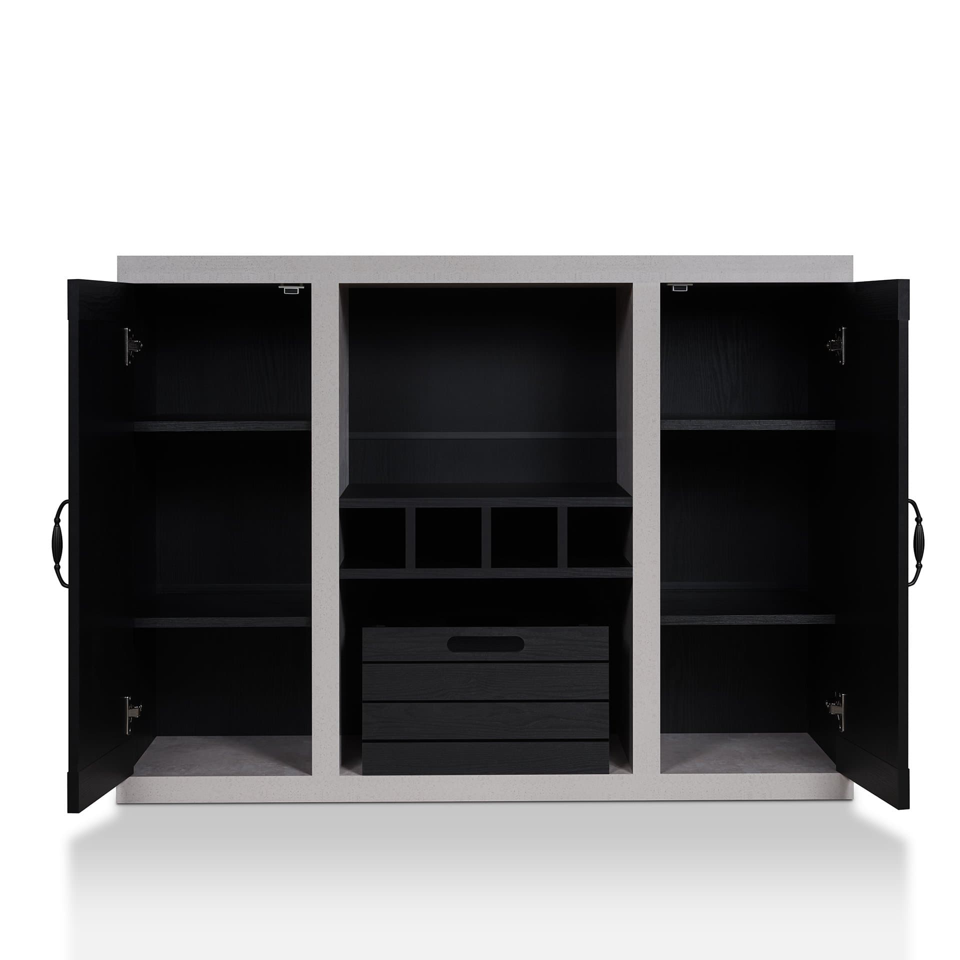 HOMES: Inside + OutCato Industrial Two-Tone Buffet with Open Shelf, Wine Bottle Holder, Slatted Drawer and Cabinets, Black and Cement