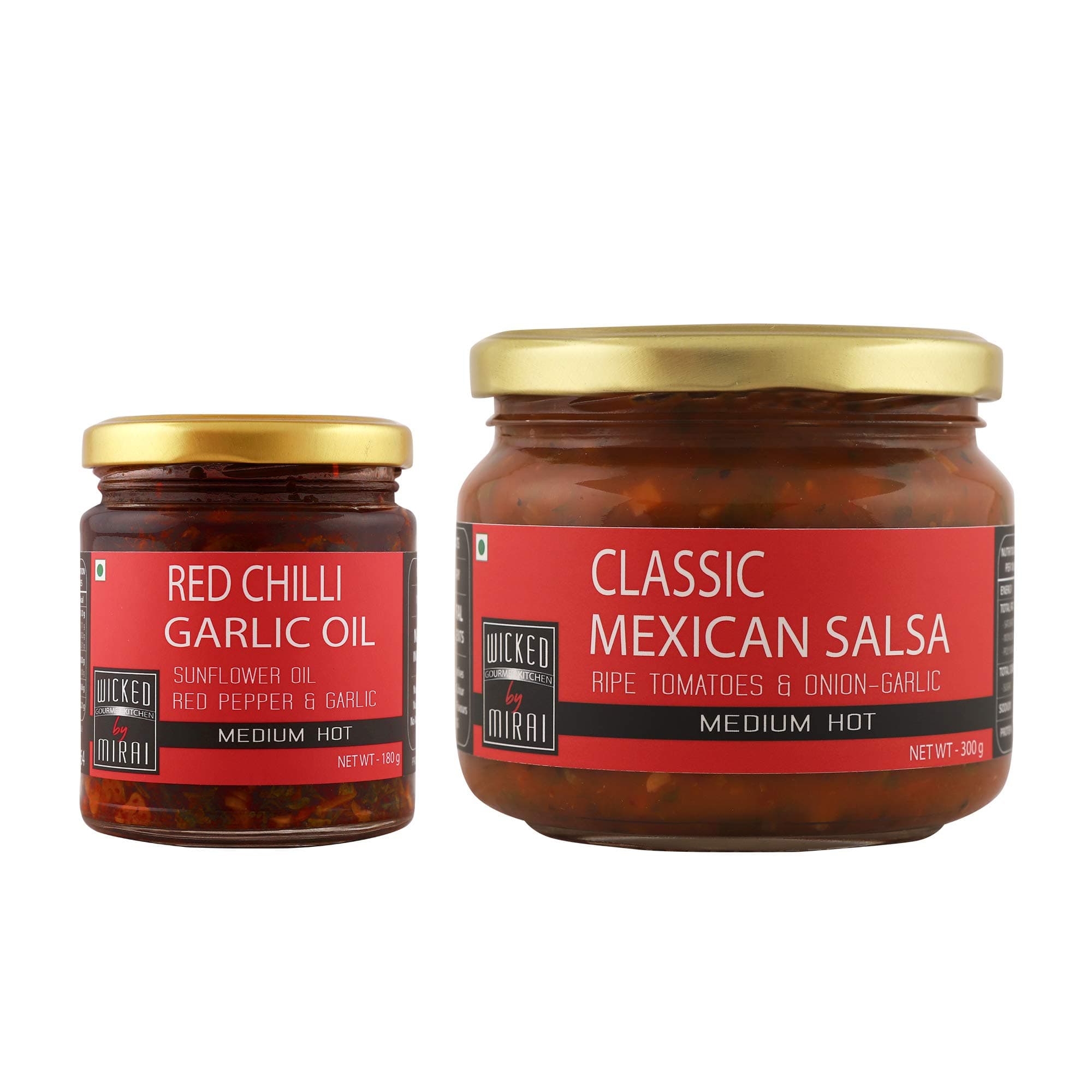 COMBO PACK - Chilli - Garlic Oil - All Natural, Preservative Free and Gluten Free - 180 g - WICKED GOURMET KITCHEN by MIRAI + Classic Mexican Salsa - All Natural, Preservative Free and Gluten Free - 300 g - WICKED GOURMET KITCHEN by MIRAI